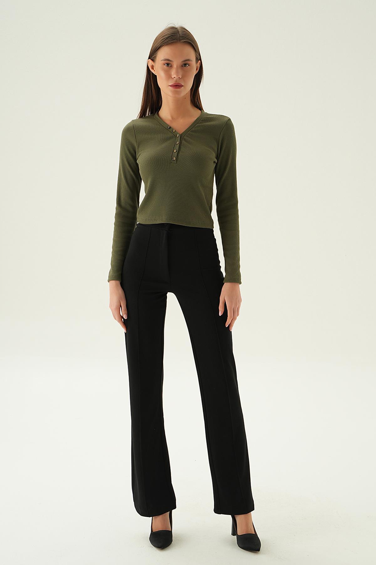 Haki Düğme Detay Bluz 3093 - 2