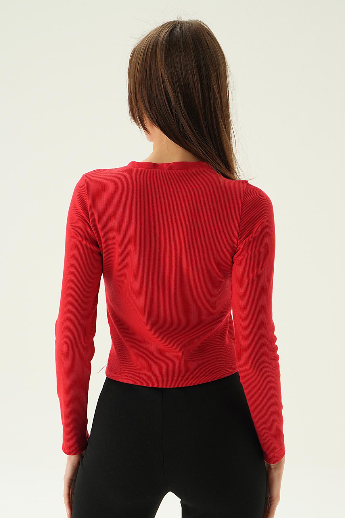 3093 Düğme Detay Bluz Kırmızı - 3