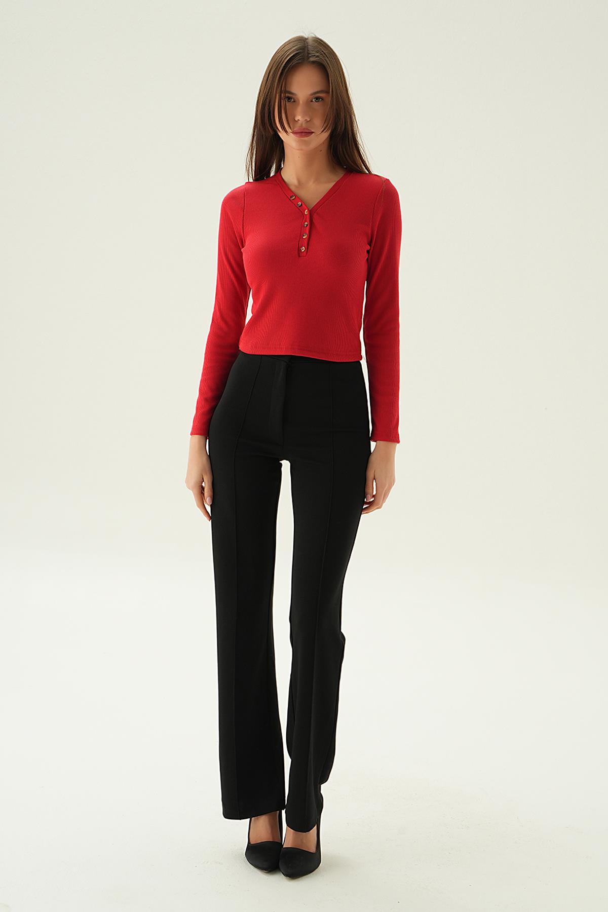 3093 Düğme Detay Bluz Kırmızı - 6