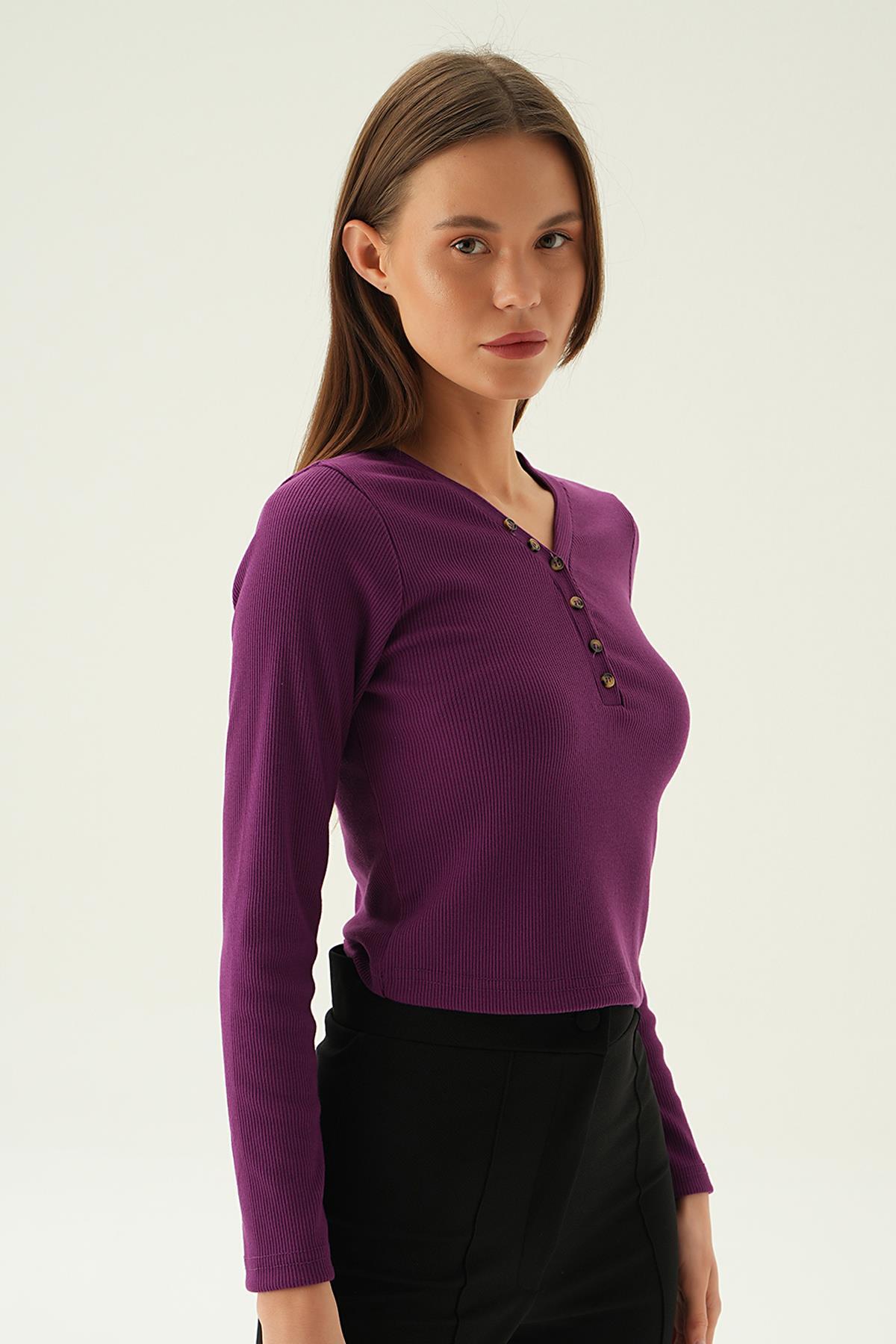 3093 Düğme Detay Bluz Mor 