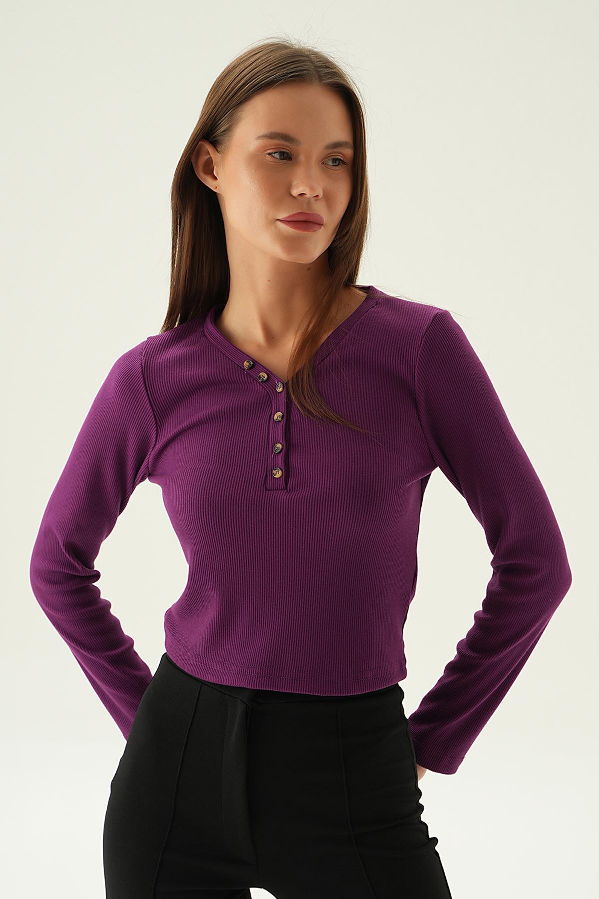 3093 Düğme Detay Bluz Mor - 4