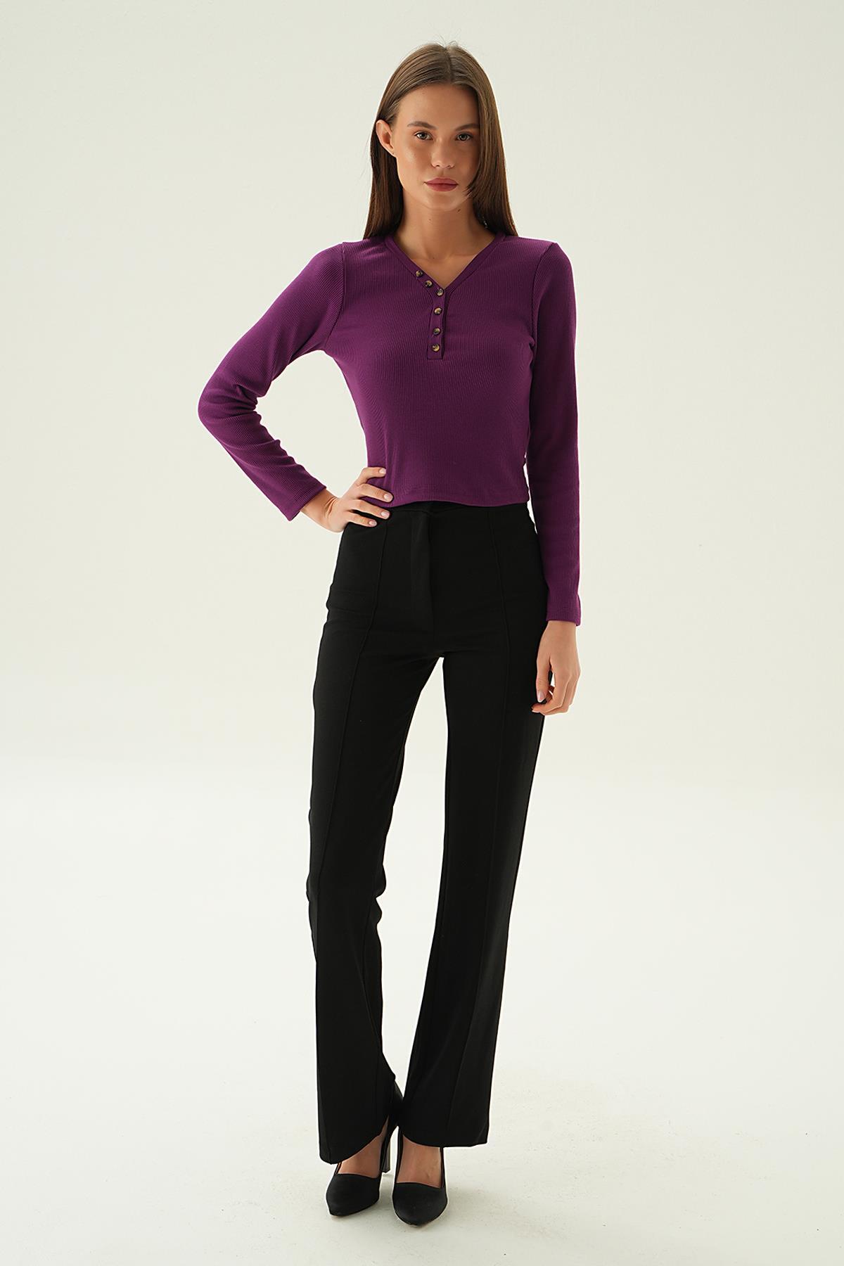 3093 Düğme Detay Bluz Mor - 2