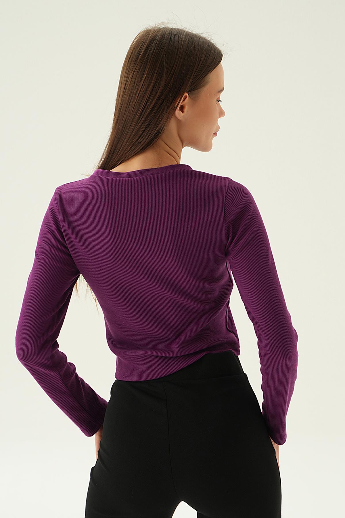 Mor Düğme Detay Bluz 3093 - 3