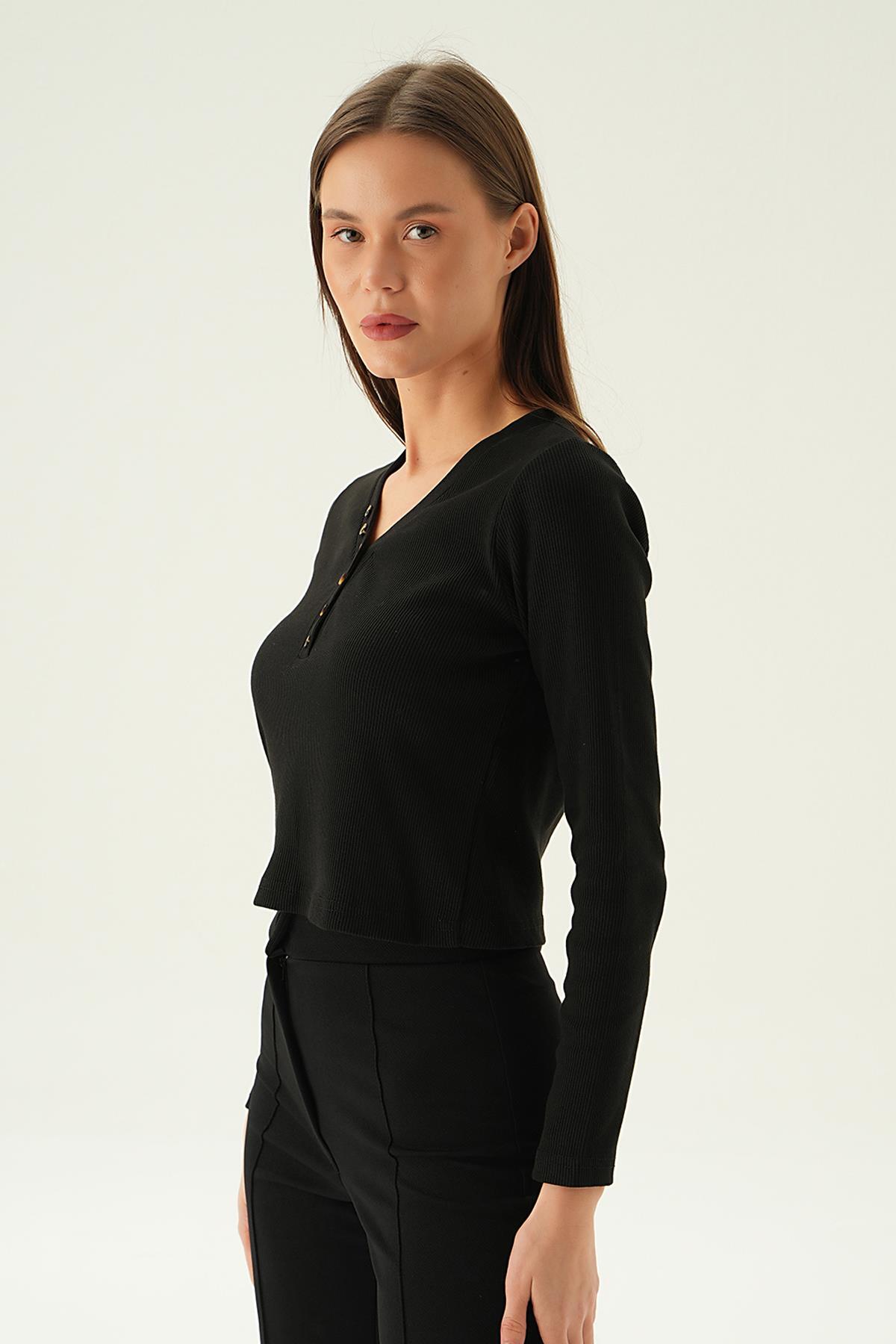 3093 Düğme Detay Bluz Siyah 