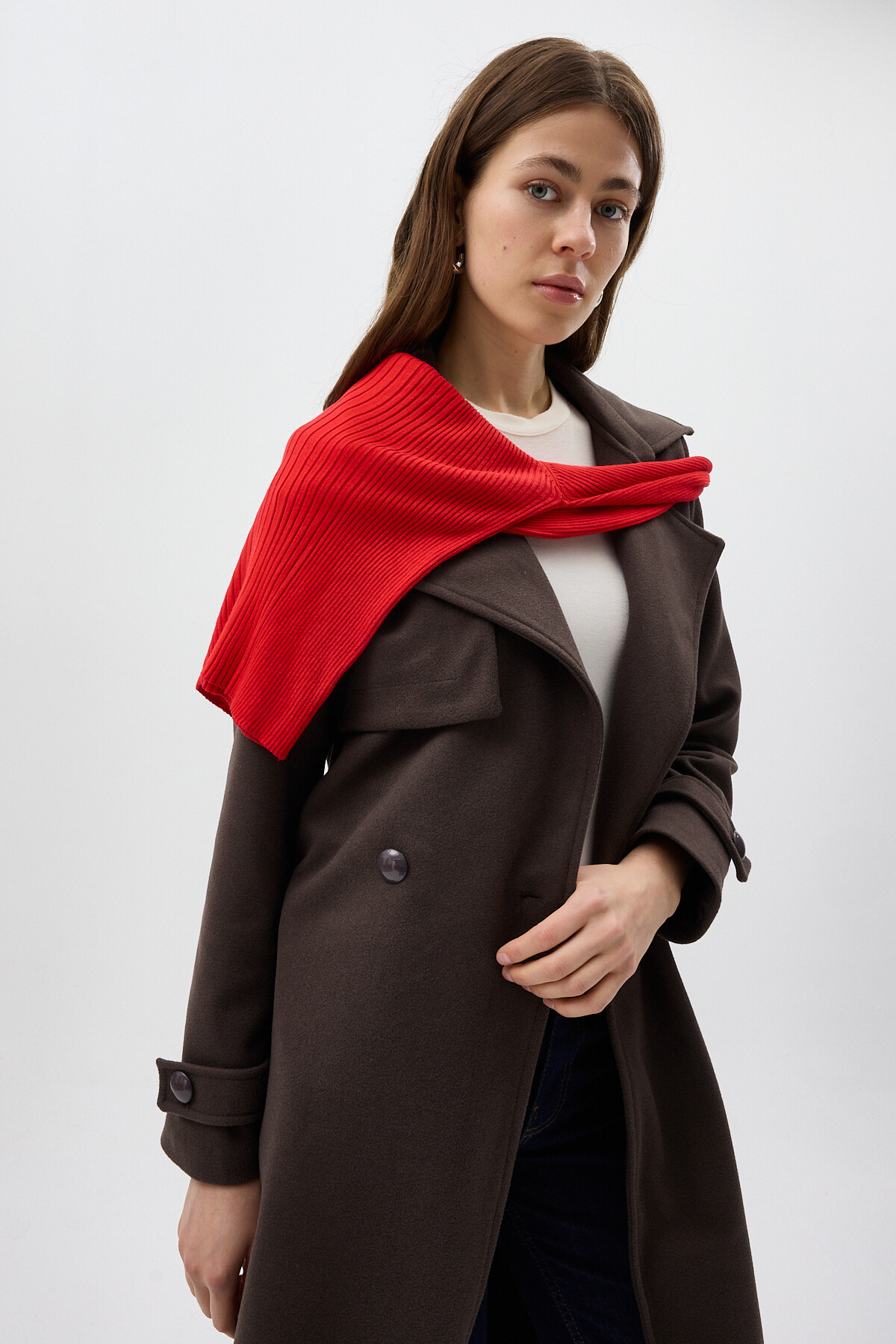 Acı Kahve Kuşaklı Yaka Detaylı Uzun Kadın Trenç Kaban 3095A - 7