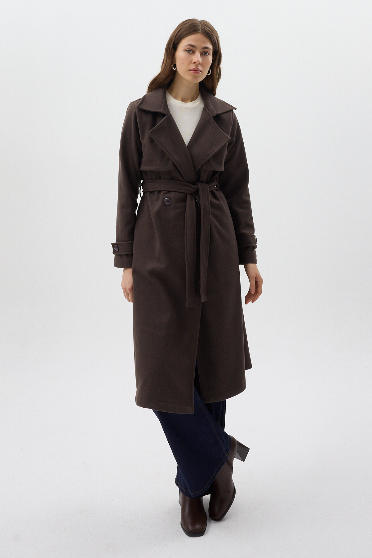 Acı Kahve Kuşaklı Yaka Detaylı Uzun Kadın Trenç Kaban 3095A - RAYS
