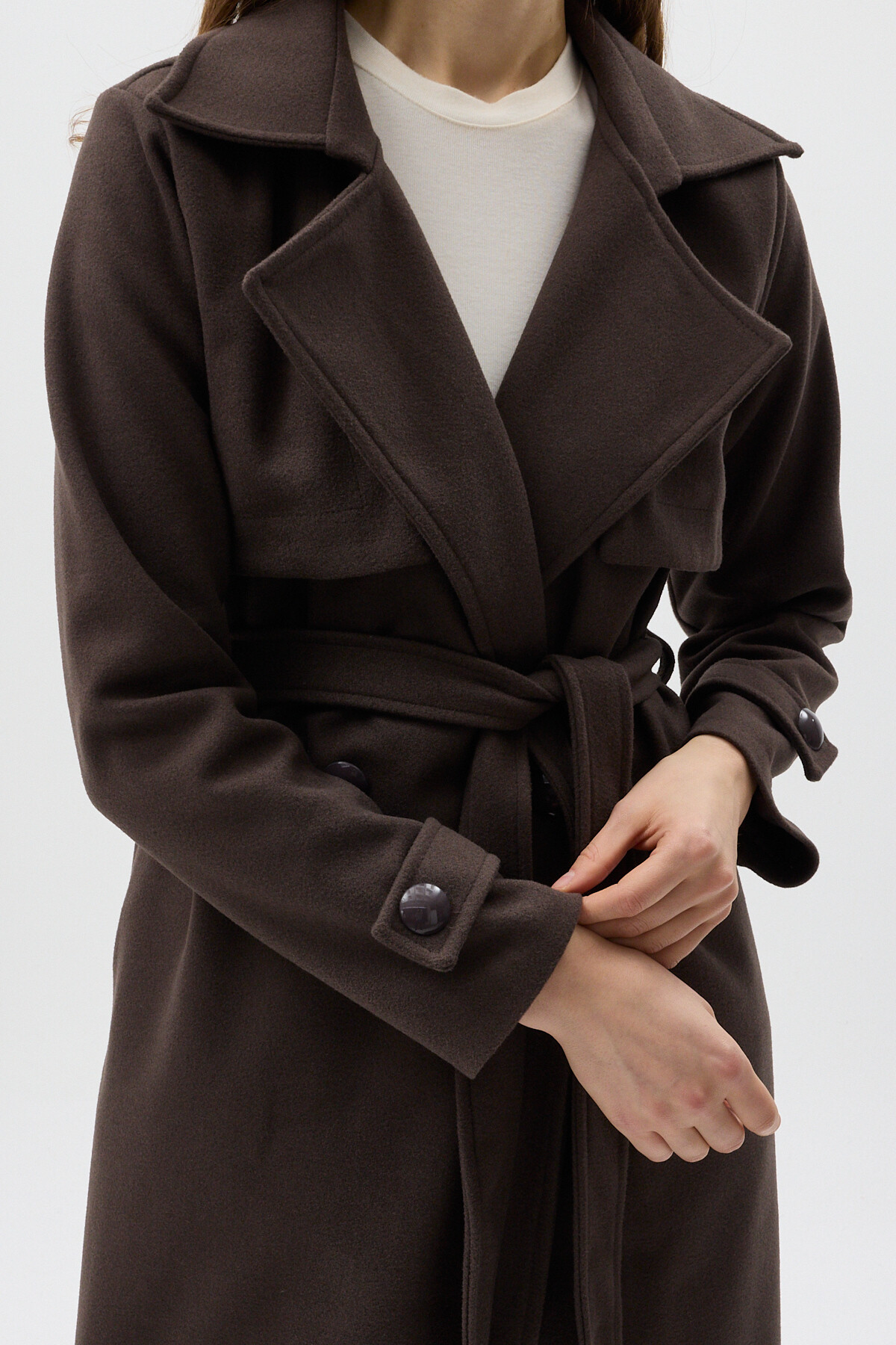 Acı Kahve Kuşaklı Yaka Detaylı Uzun Kadın Trenç Kaban 3095A - 4