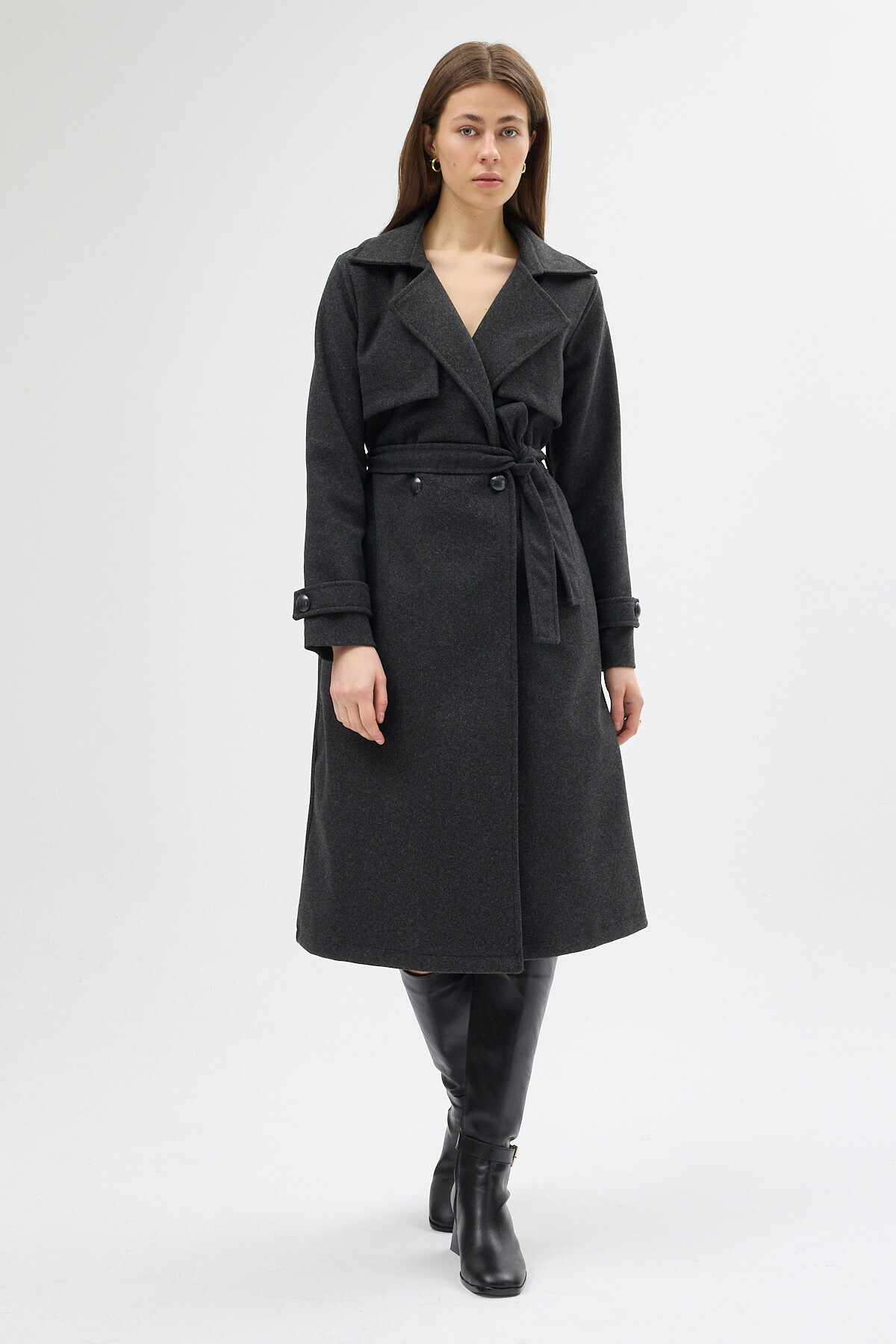 Antrasit Kuşaklı Yaka Detaylı Uzun Kadın Trenç Kaban 3095A - 6