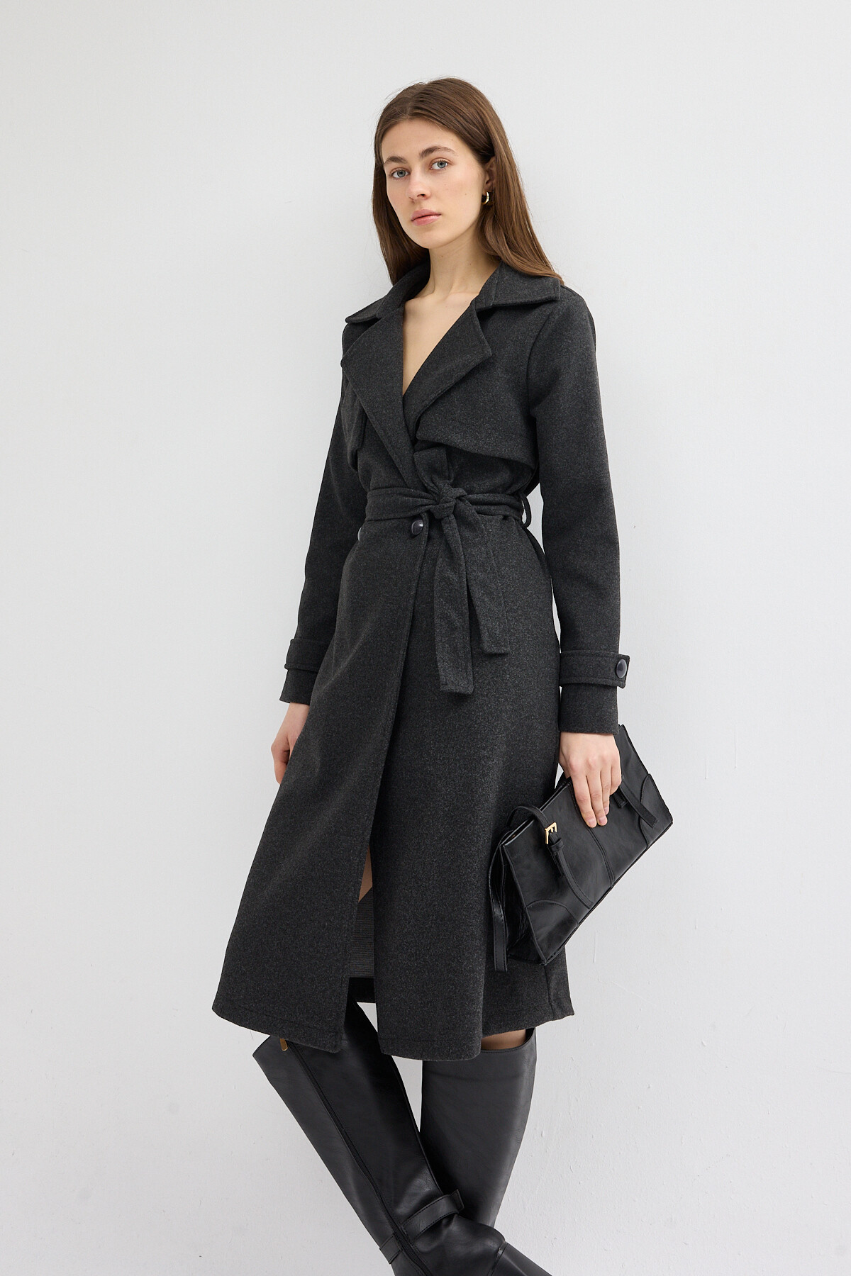 Antrasit Kuşaklı Yaka Detaylı Uzun Kadın Trenç Kaban 3095A - 7