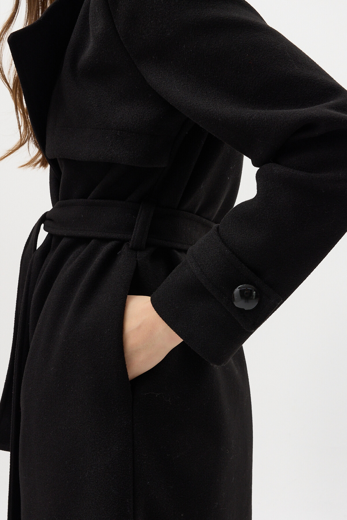 Siyah Kuşaklı Yaka Detaylı Uzun Kadın Trenç Kaban 3095A - 4