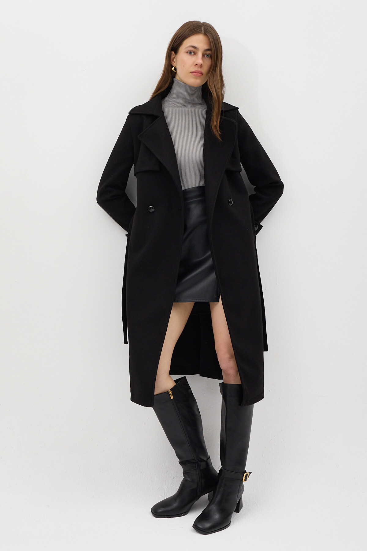 Siyah Kuşaklı Yaka Detaylı Uzun Kadın Trenç Kaban 3095A - 7