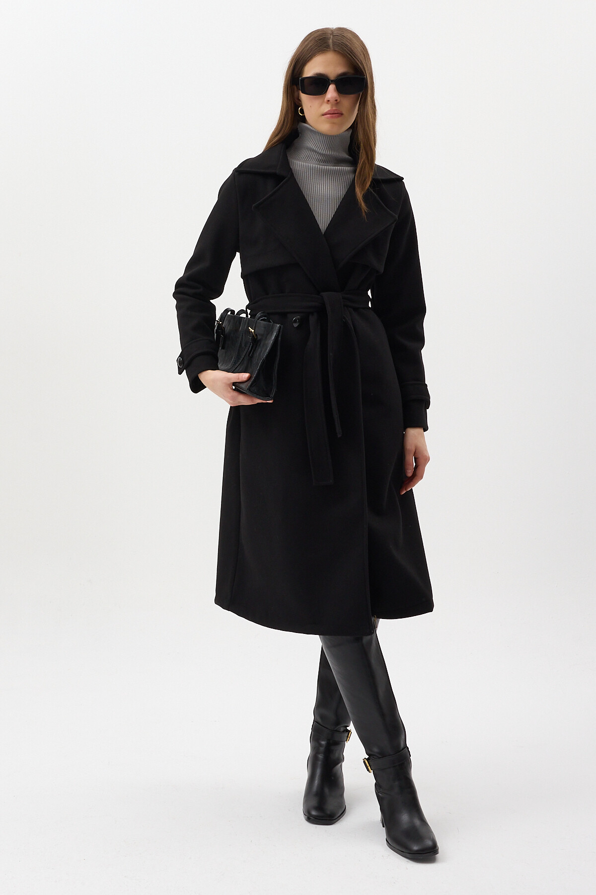 Siyah Kuşaklı Yaka Detaylı Uzun Kadın Trenç Kaban 3095A - RAYS