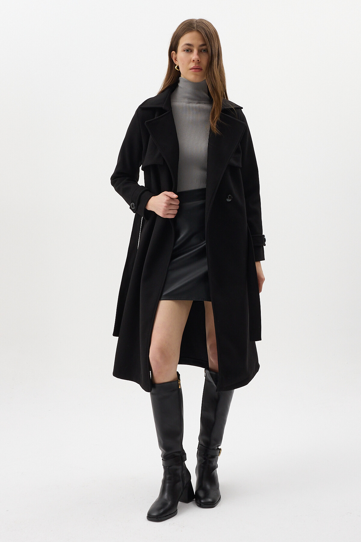 Siyah Kuşaklı Yaka Detaylı Uzun Kadın Trenç Kaban 3095A - RAYS