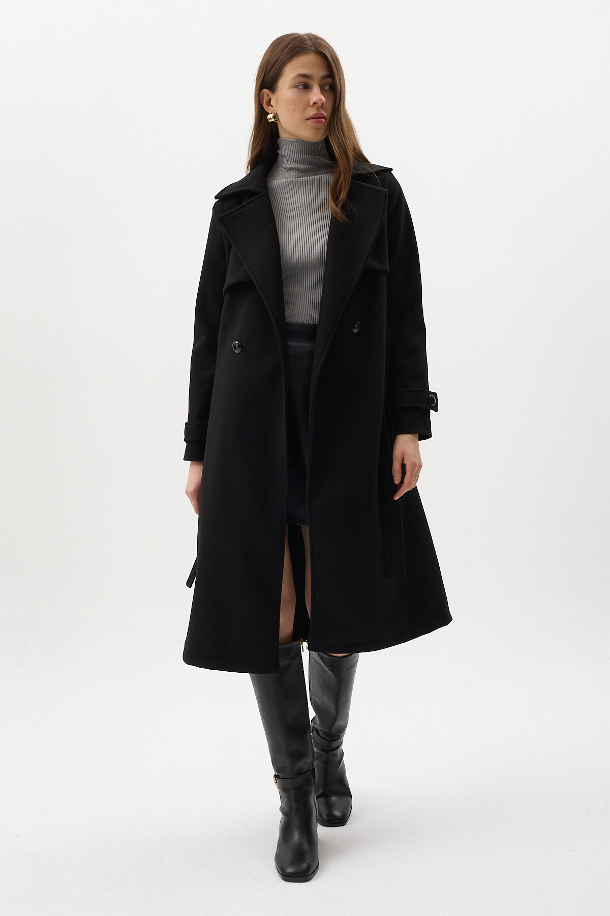 Siyah Kuşaklı Yaka Detaylı Uzun Kadın Trenç Kaban 3095A - 6