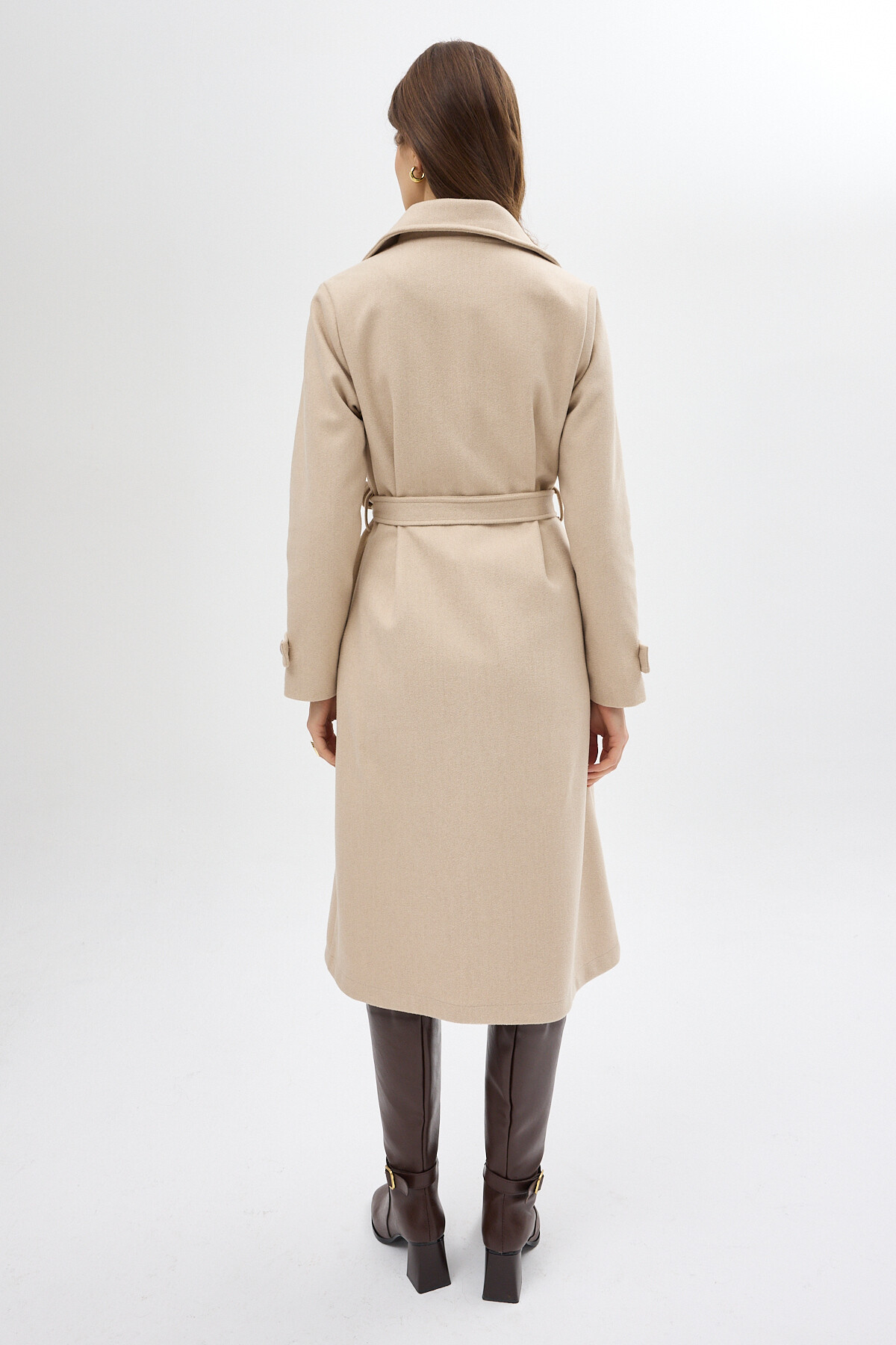 Taş Kuşaklı Yaka Detaylı Uzun Kadın Trenç Kaban 3095A - 5
