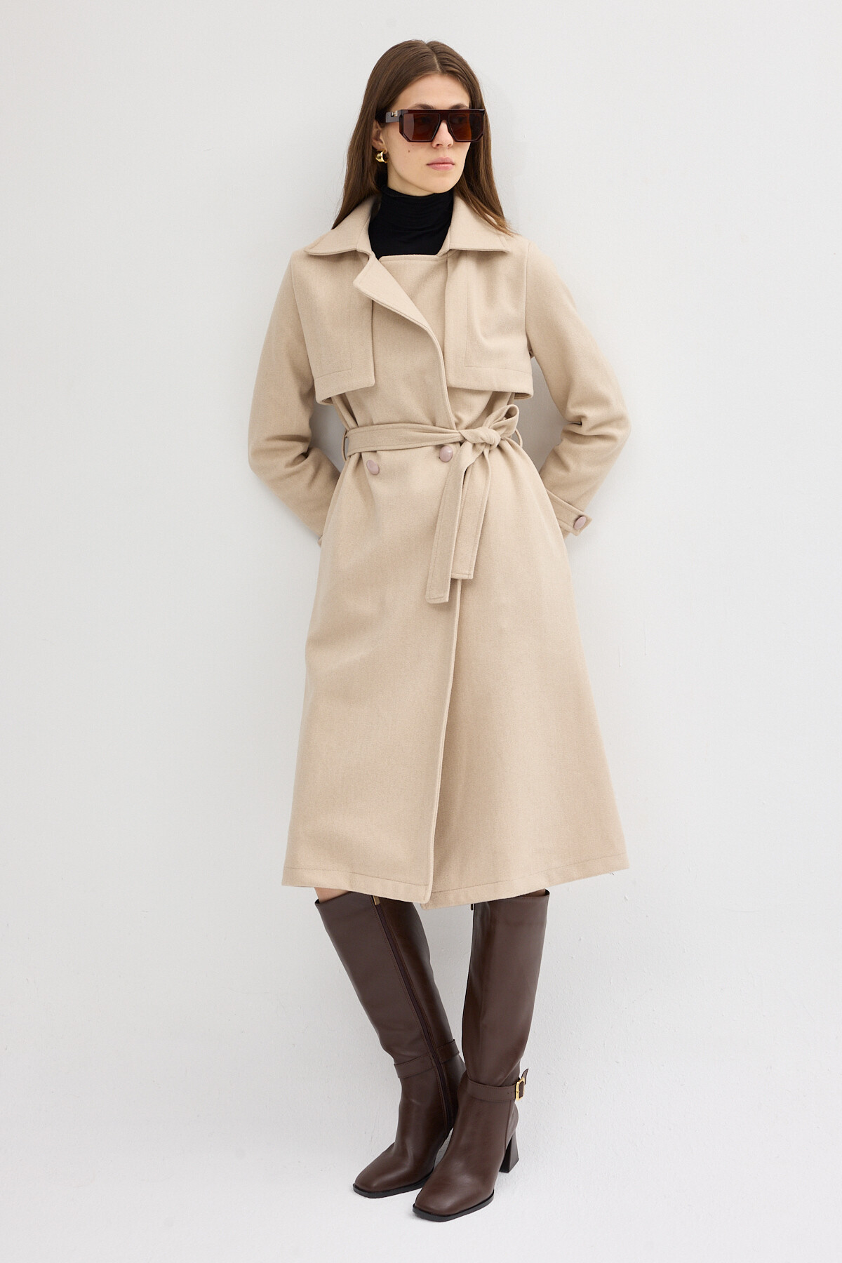 Taş Kuşaklı Yaka Detaylı Uzun Kadın Trenç Kaban 3095A - 6