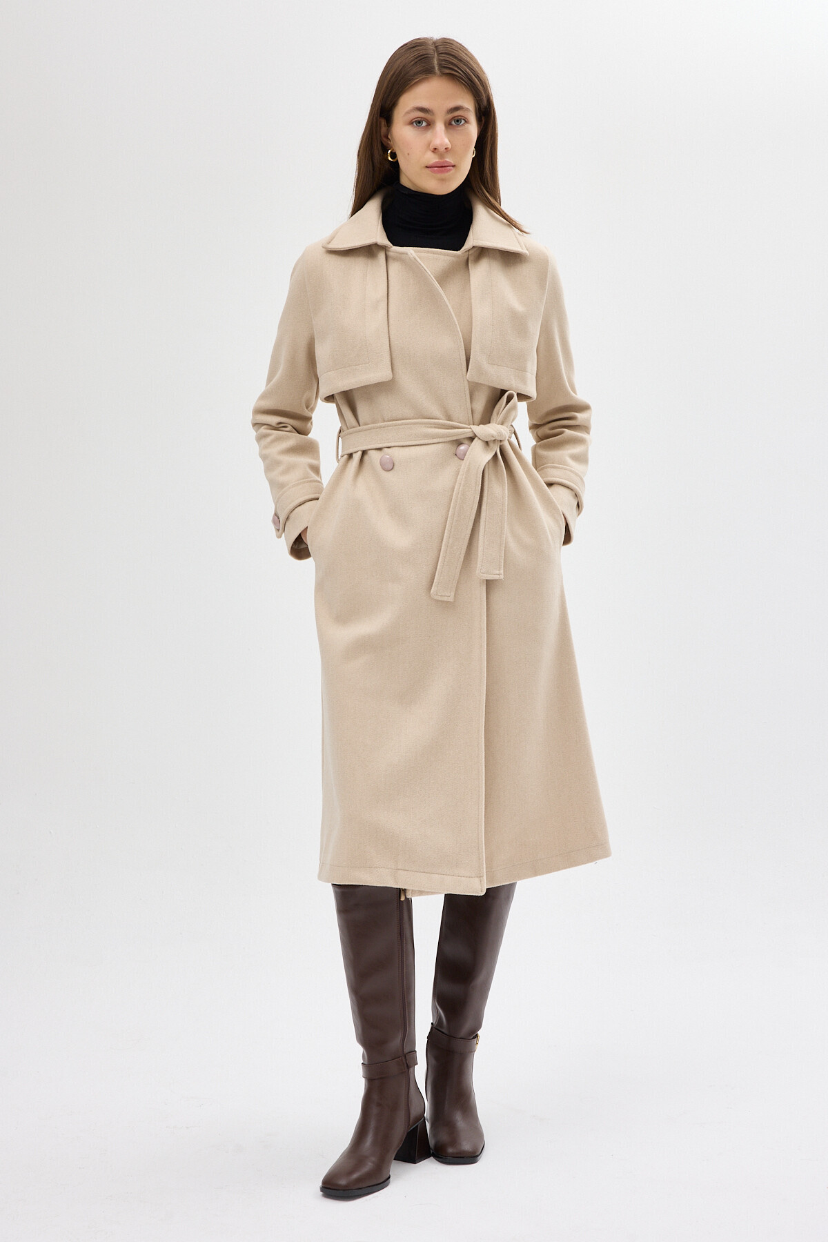 Taş Kuşaklı Yaka Detaylı Uzun Kadın Trenç Kaban 3095A - 7