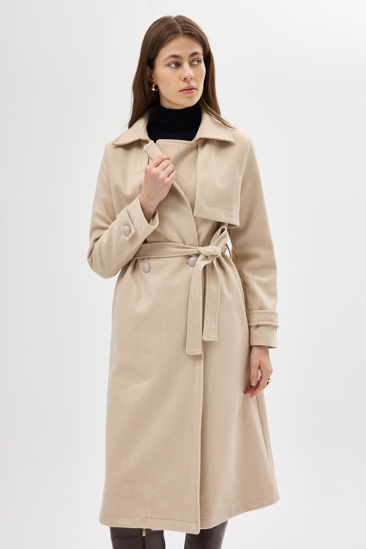 Taş Kuşaklı Yaka Detaylı Uzun Kadın Trenç Kaban 3095A - 1