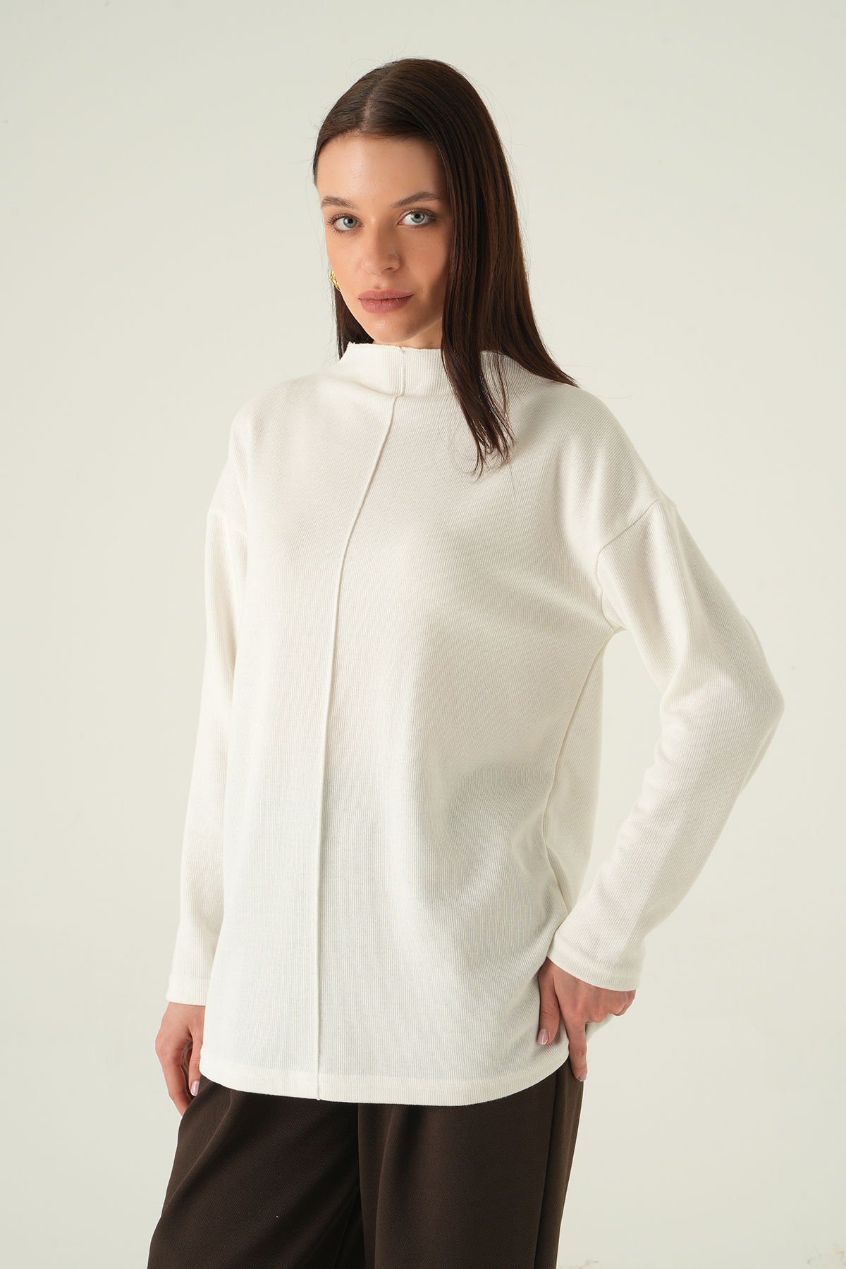 3096A Bisiklet Yaka Tunik Ekru - RAYS