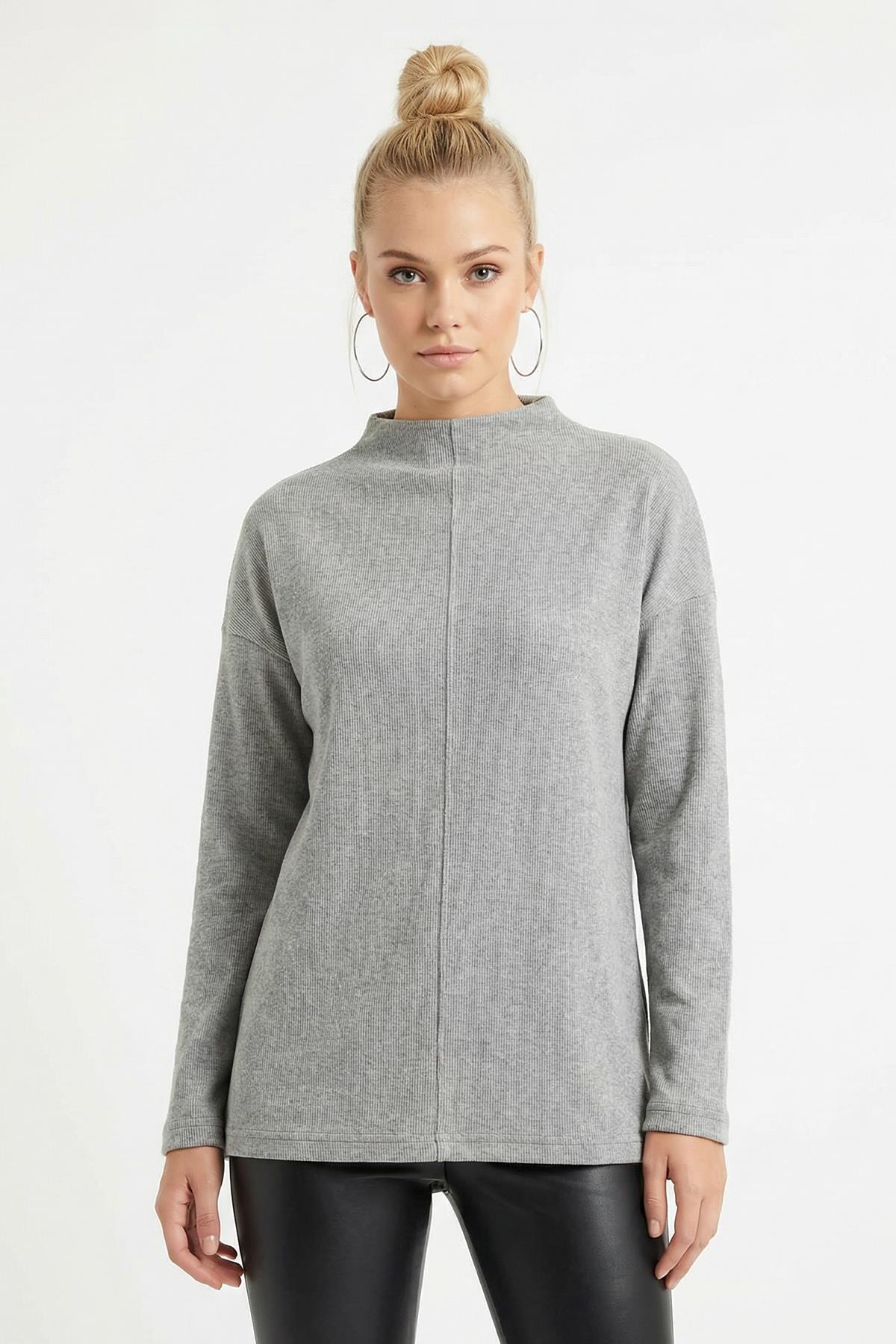 3096A Bisiklet Yaka Tunik Gri - RAYS
