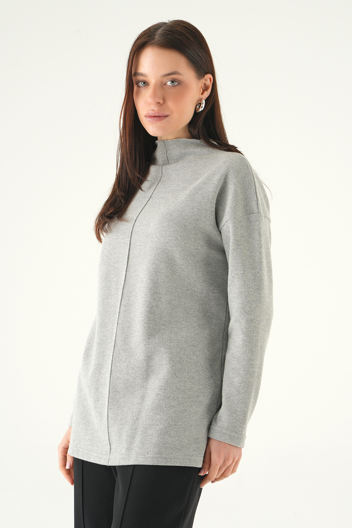 3096A Bisiklet Yaka Tunik Gri - 7