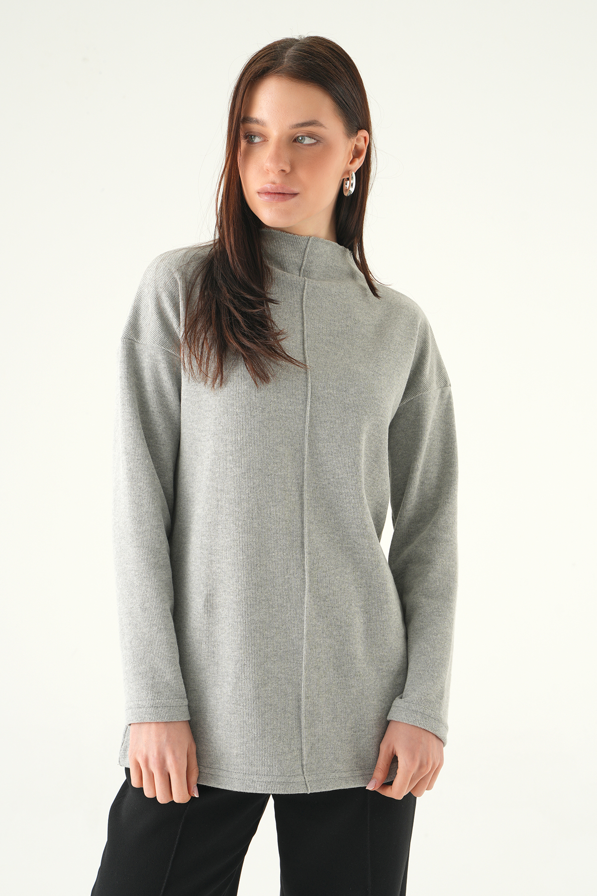 3096A Bisiklet Yaka Tunik Gri - RAYS