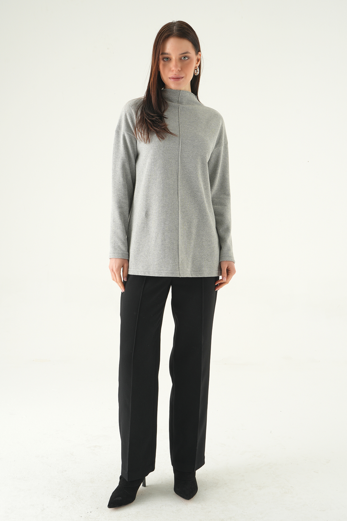 3096A Bisiklet Yaka Tunik Gri - RAYS