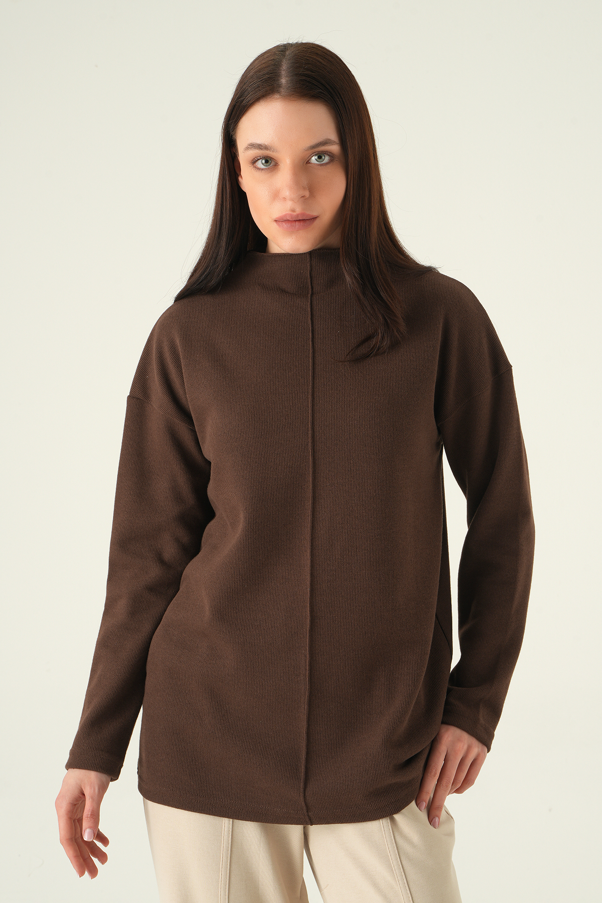 3096A Bisiklet Yaka Tunik Kahve - RAYS (1)