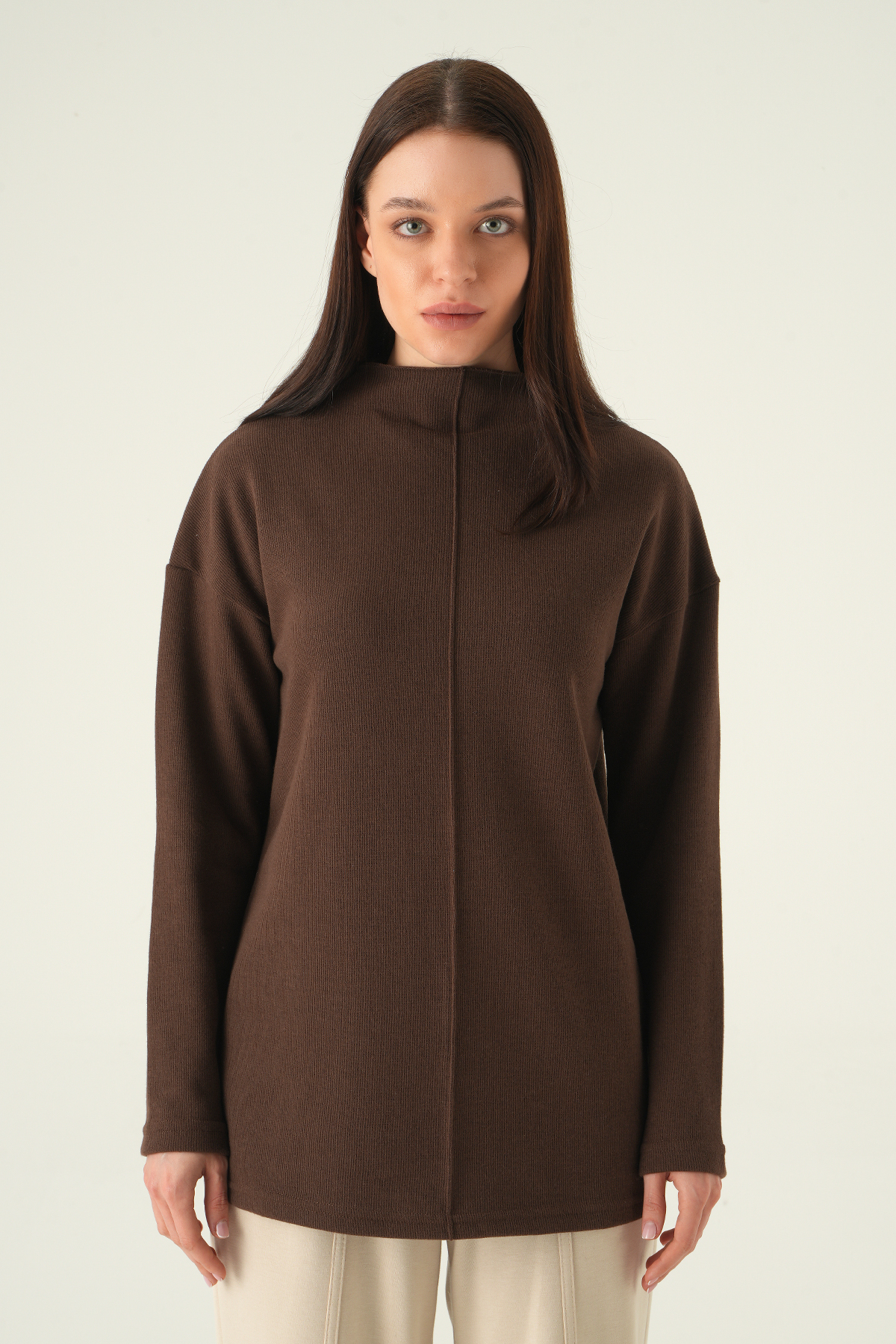 3096A Bisiklet Yaka Tunik Kahve - RAYS
