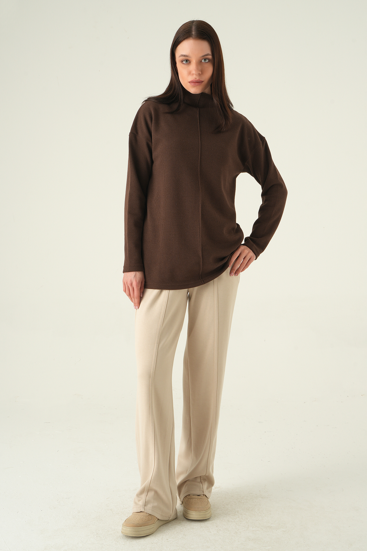 3096A Bisiklet Yaka Tunik Kahve - RAYS