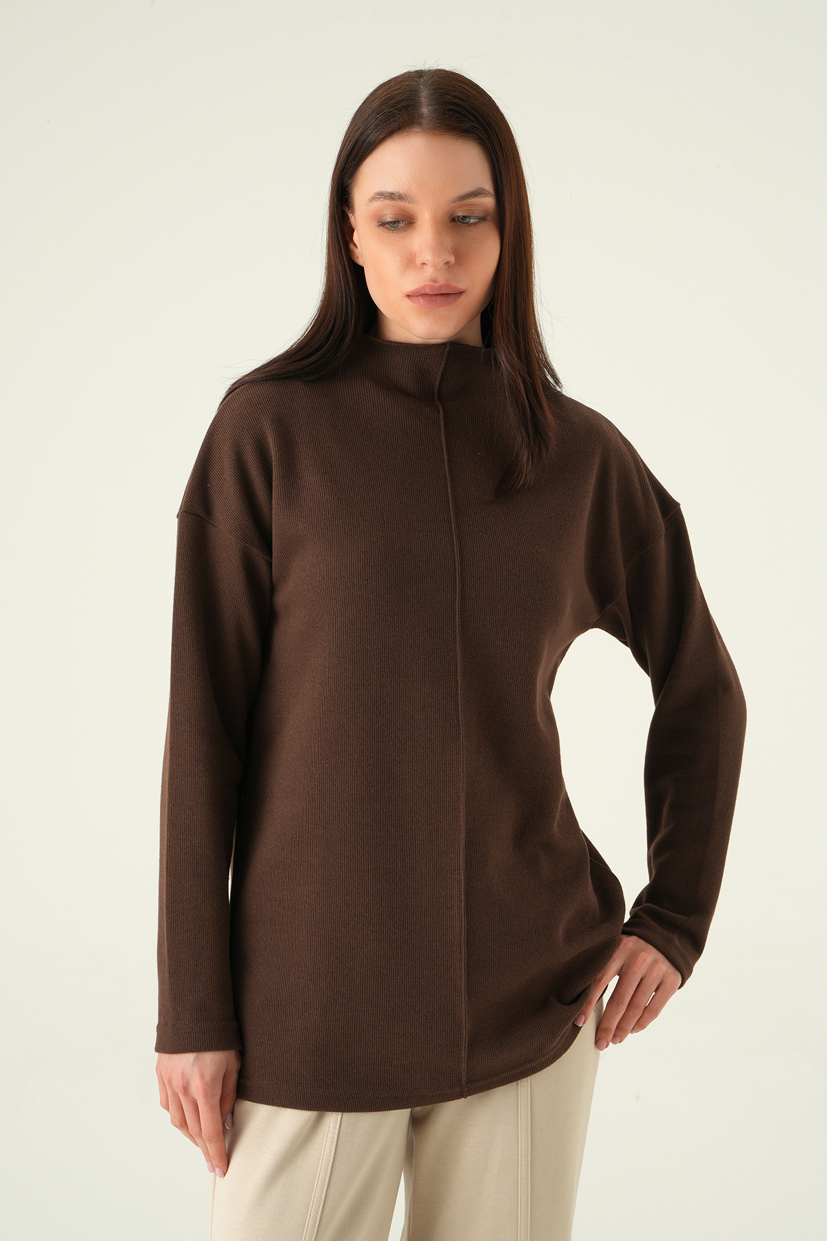 3096A Bisiklet Yaka Tunik Kahve - 6