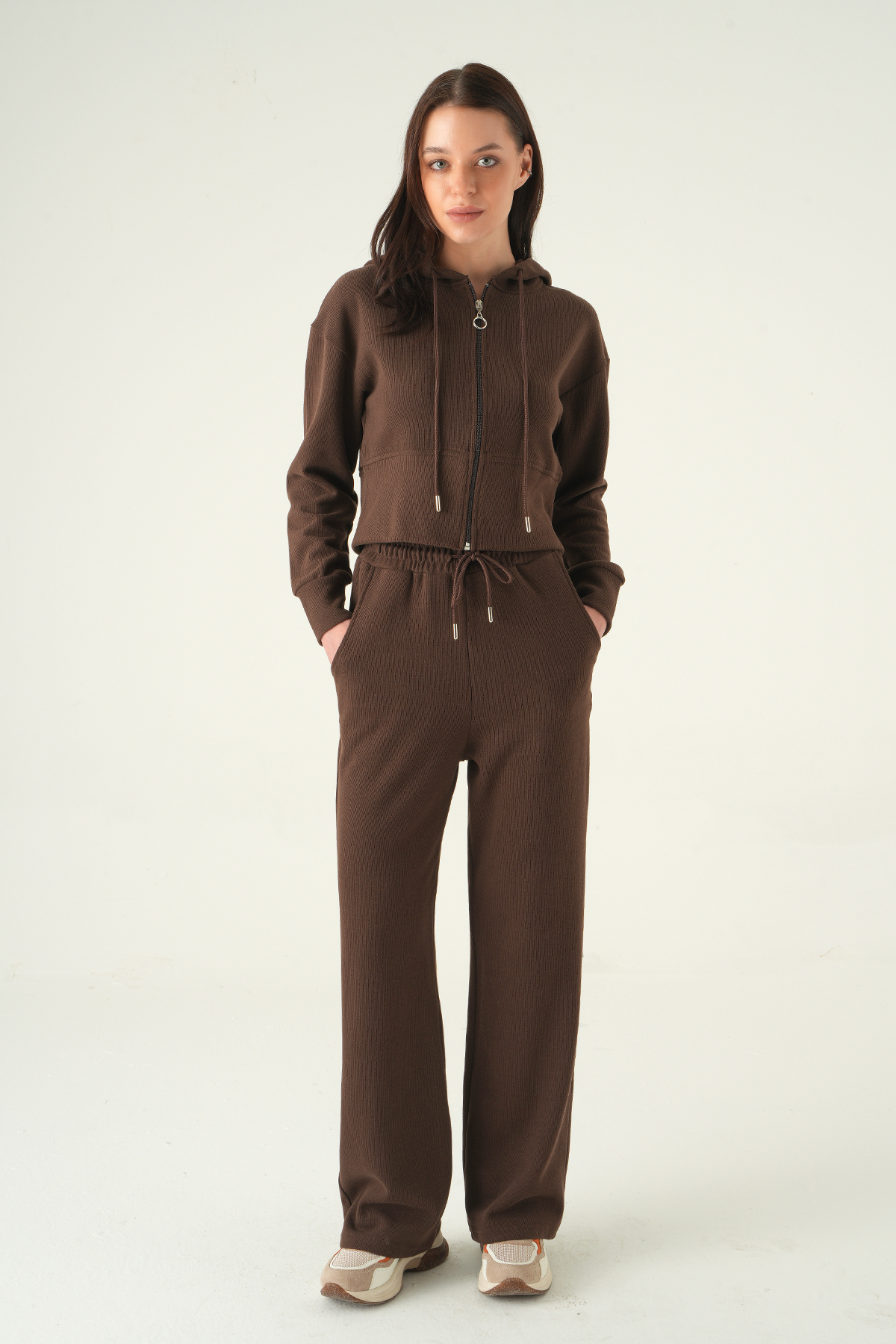 3097A Kapüşonlu Hırka Pantolon Takım Kahve 