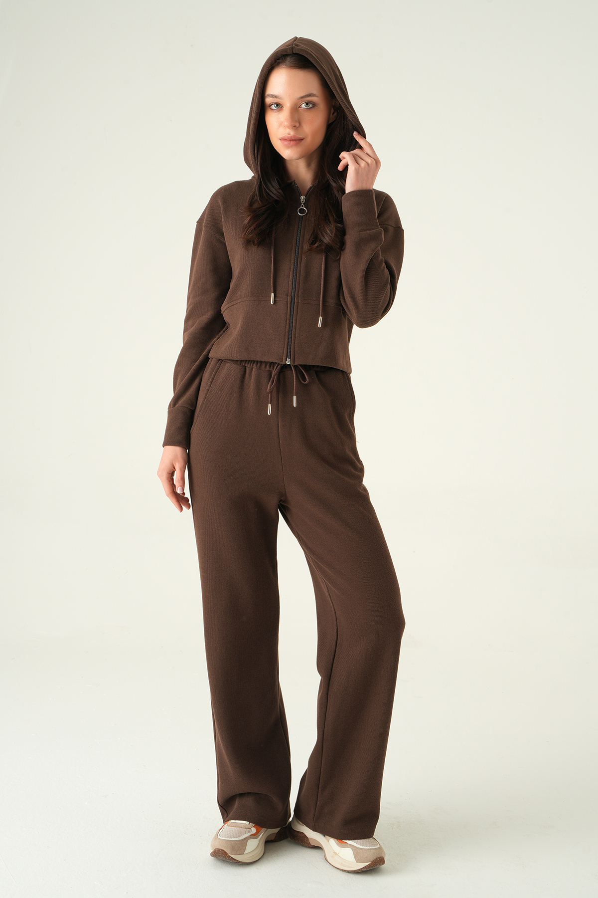 Kahve Kapüşonlu Hırka Pantolon Takım 3097A - RAYS