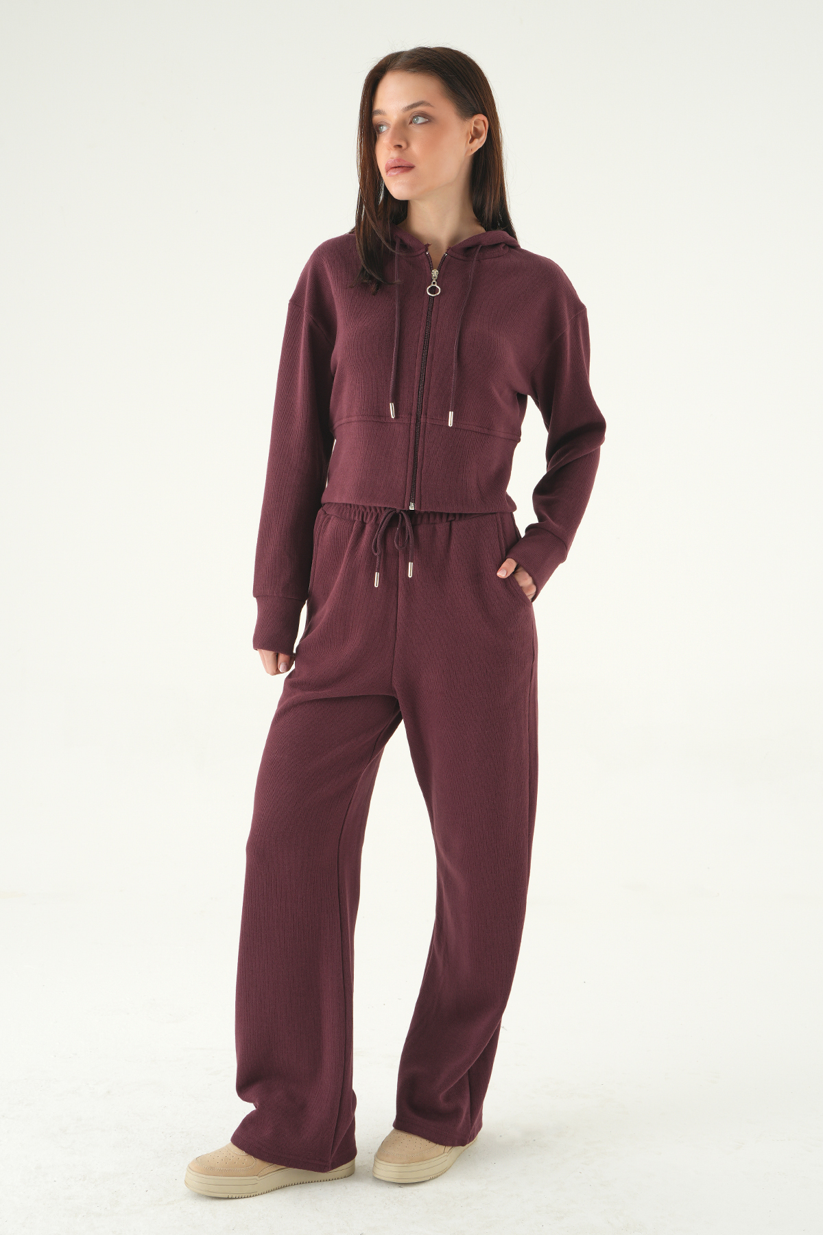 Mürdüm Kapüşonlu Hırka Pantolon Takım 3097A - 1