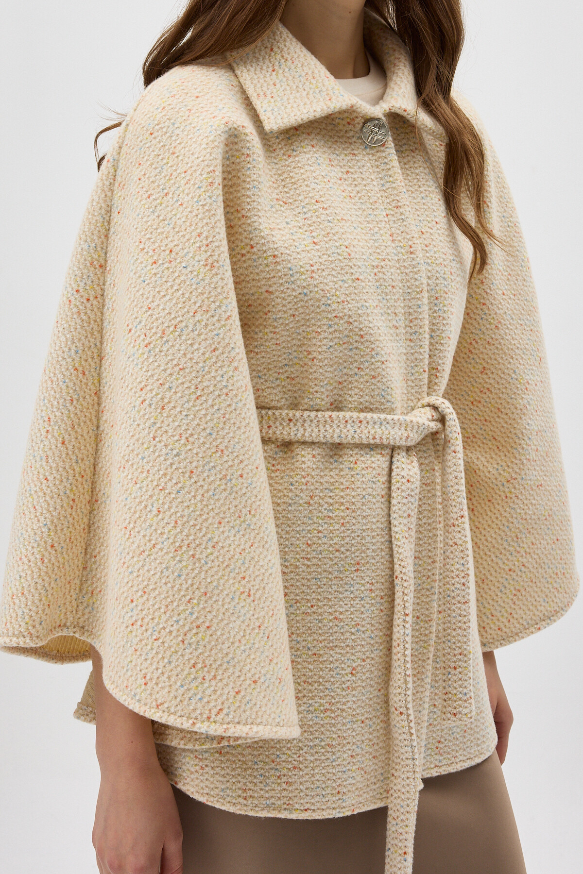 Bej Gömlek Yaka Kuşaklı Panço Kadın Kaban 3099A - 4