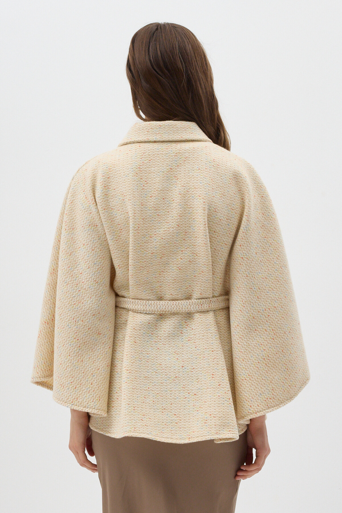 Bej Gömlek Yaka Kuşaklı Panço Kadın Kaban 3099A - 5