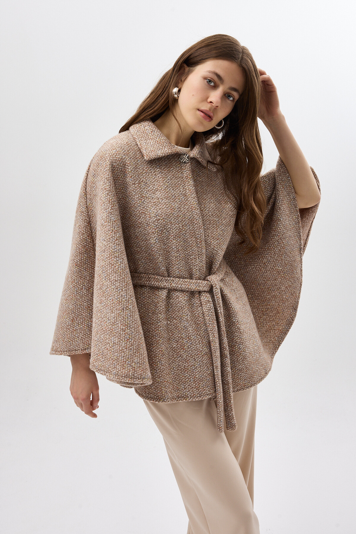 Kahverengi Gömlek Yaka Kuşaklı Panço Kadın Kaban 3099A - RAYS