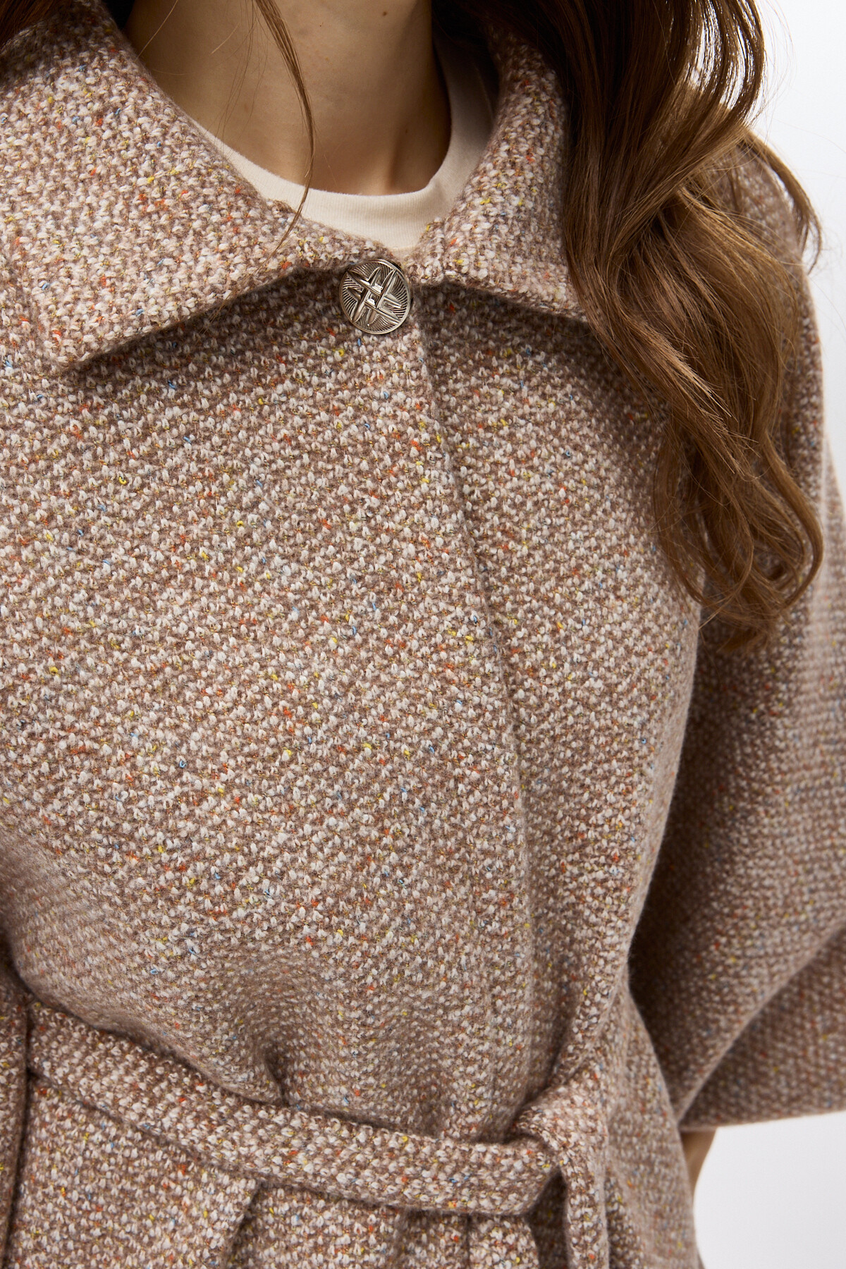 Kahverengi Gömlek Yaka Kuşaklı Panço Kadın Kaban 3099A - 4