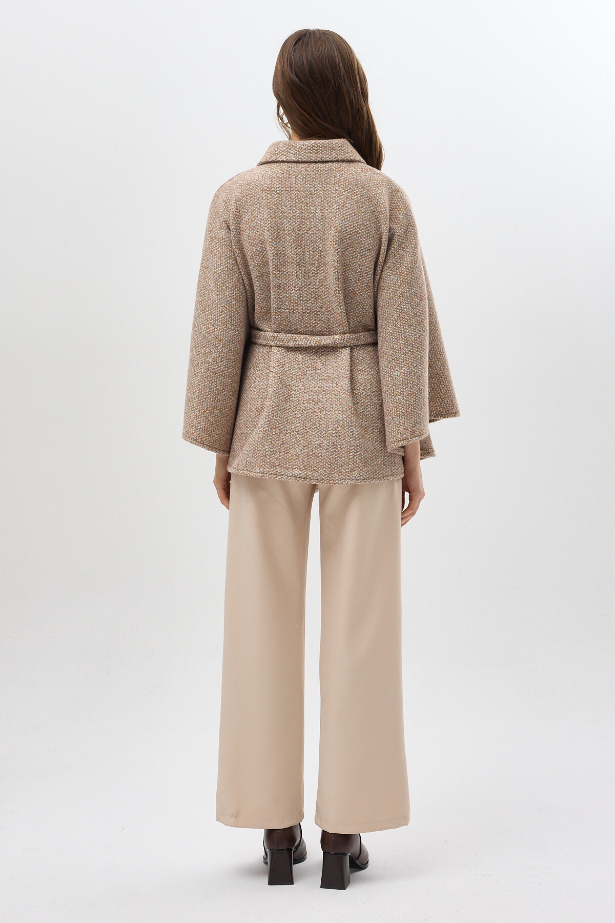 Kahverengi Gömlek Yaka Kuşaklı Panço Kadın Kaban 3099A - 5