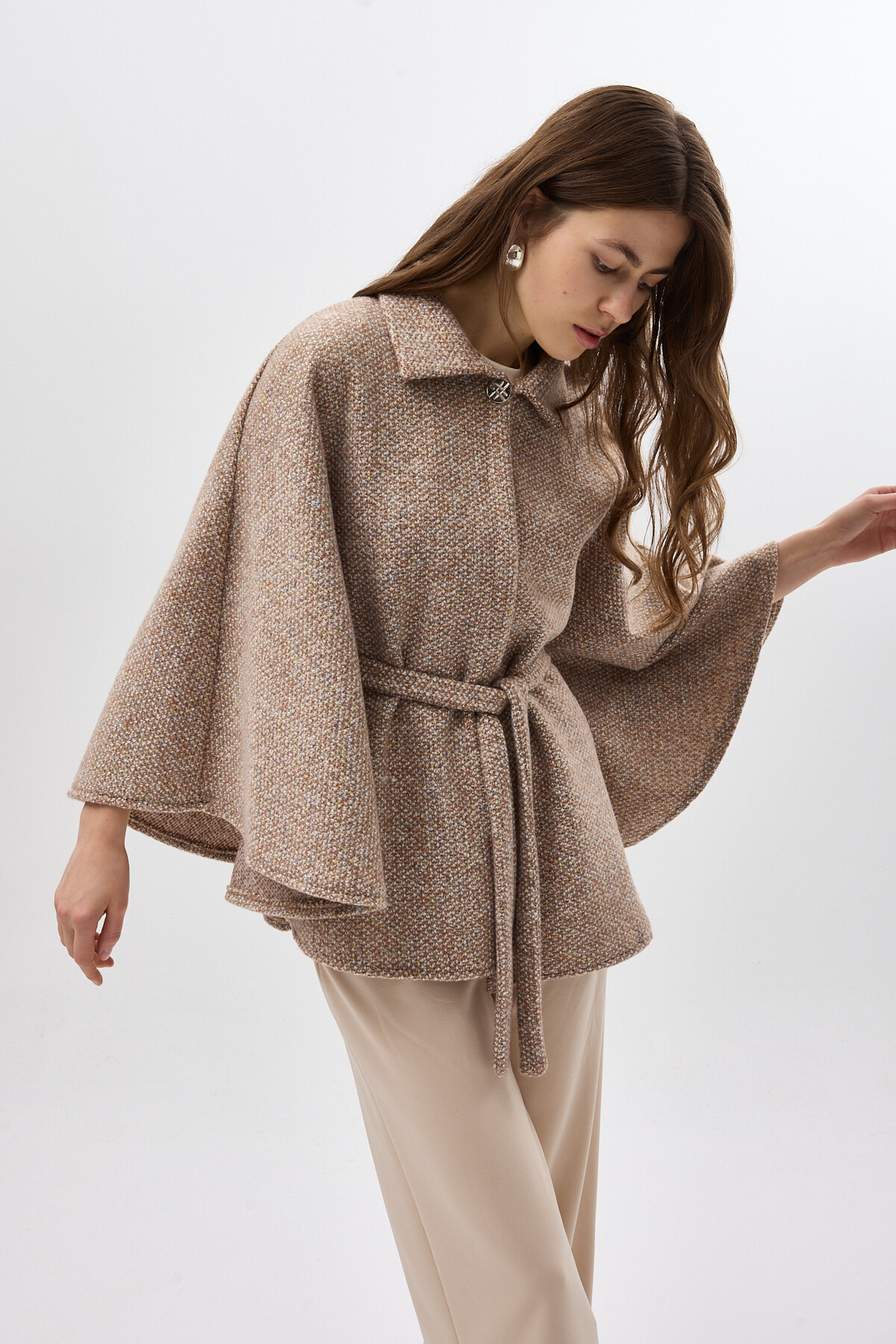 Kahverengi Gömlek Yaka Kuşaklı Panço Kadın Kaban 3099A - 7