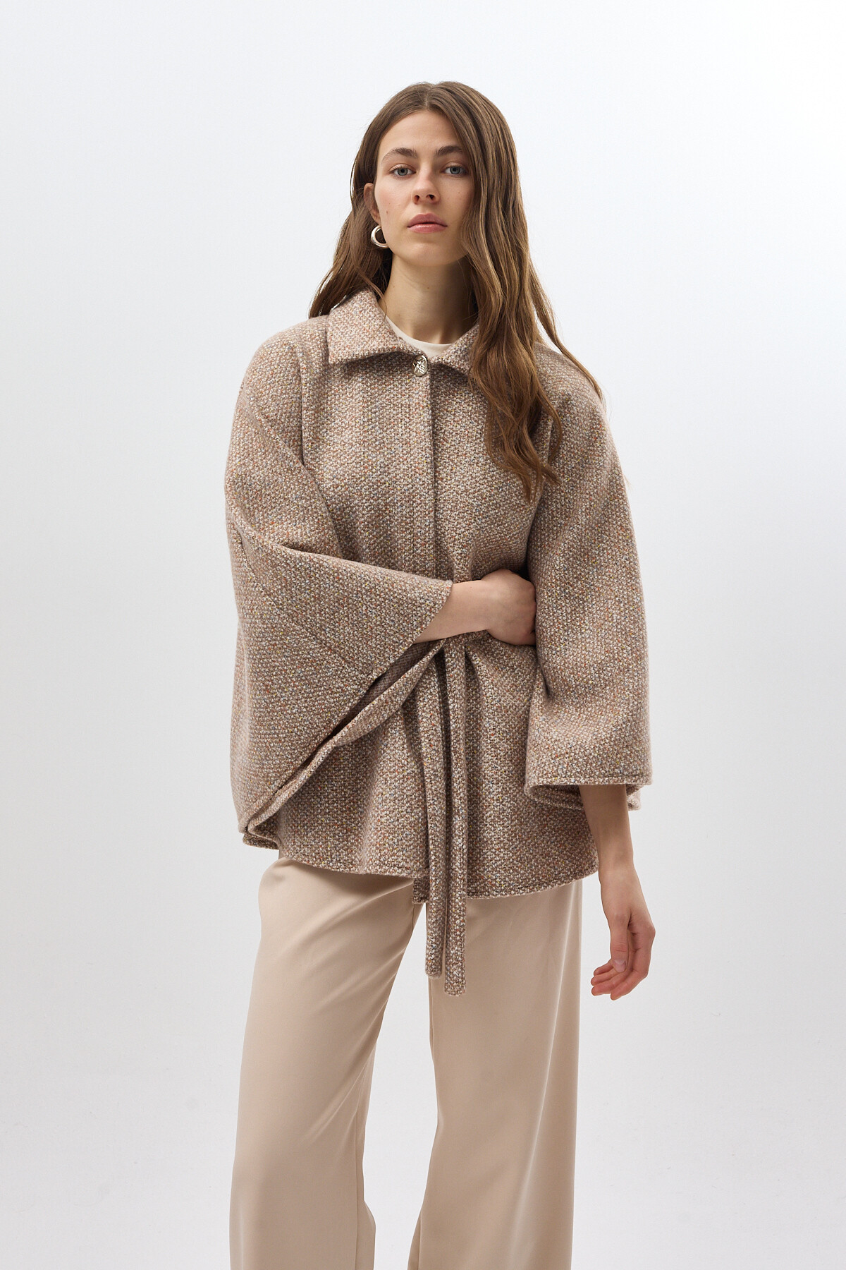 Kahverengi Gömlek Yaka Kuşaklı Panço Kadın Kaban 3099A - 6