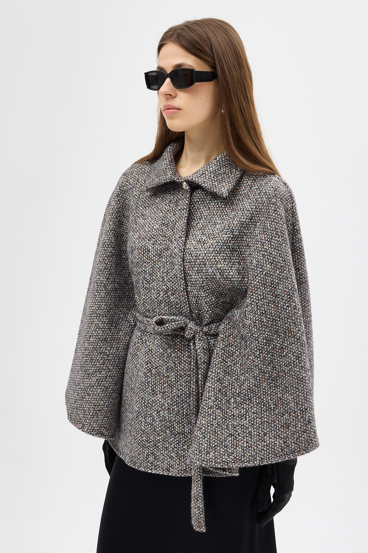 Siyah Gömlek Yaka Kuşaklı Panço Kadın Kaban 3099A - RAYS (1)