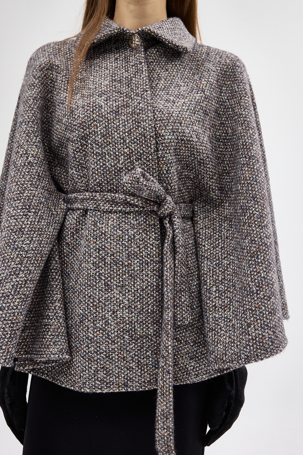 Siyah Gömlek Yaka Kuşaklı Panço Kadın Kaban 3099A - 4