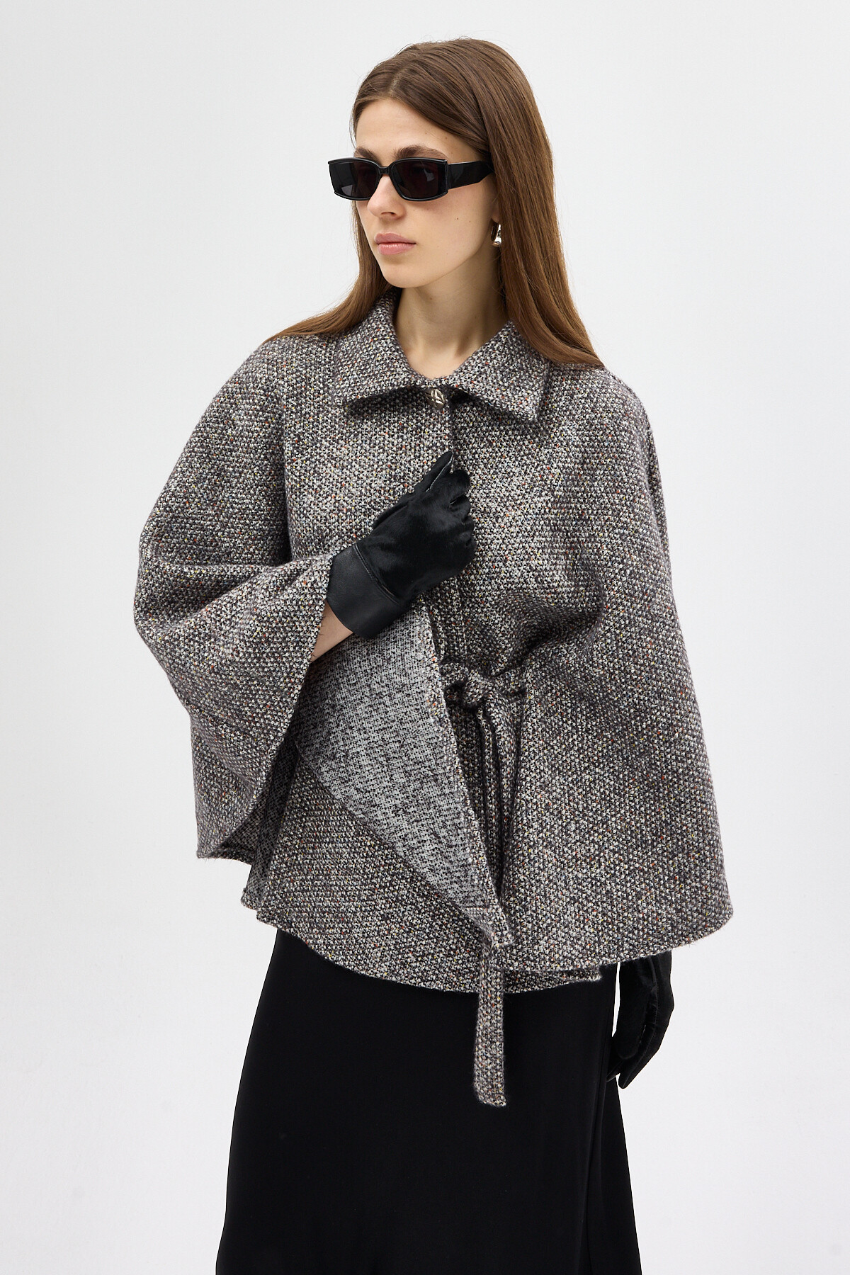 Siyah Gömlek Yaka Kuşaklı Panço Kadın Kaban 3099A - 1