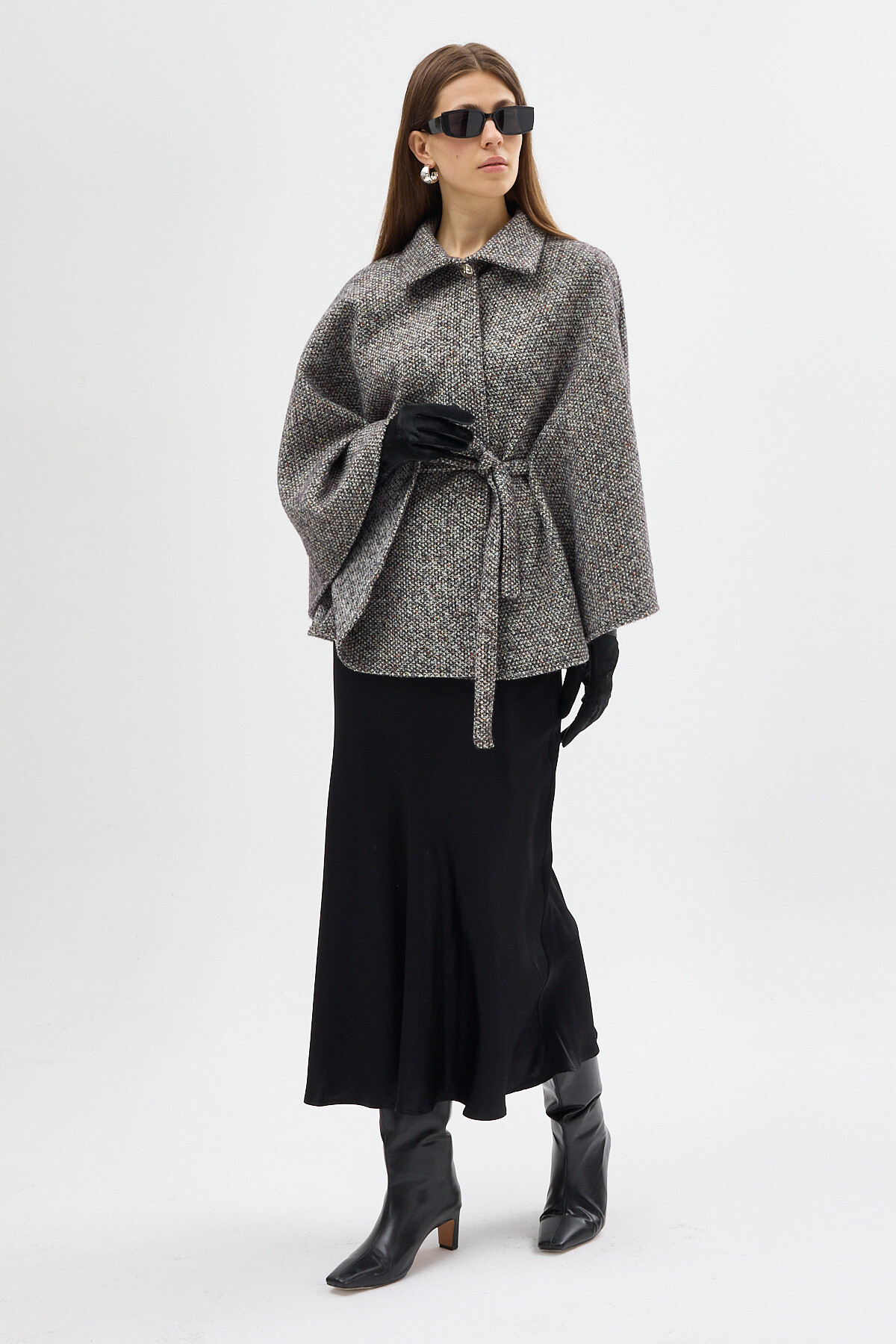 Siyah Gömlek Yaka Kuşaklı Panço Kadın Kaban 3099A - 3