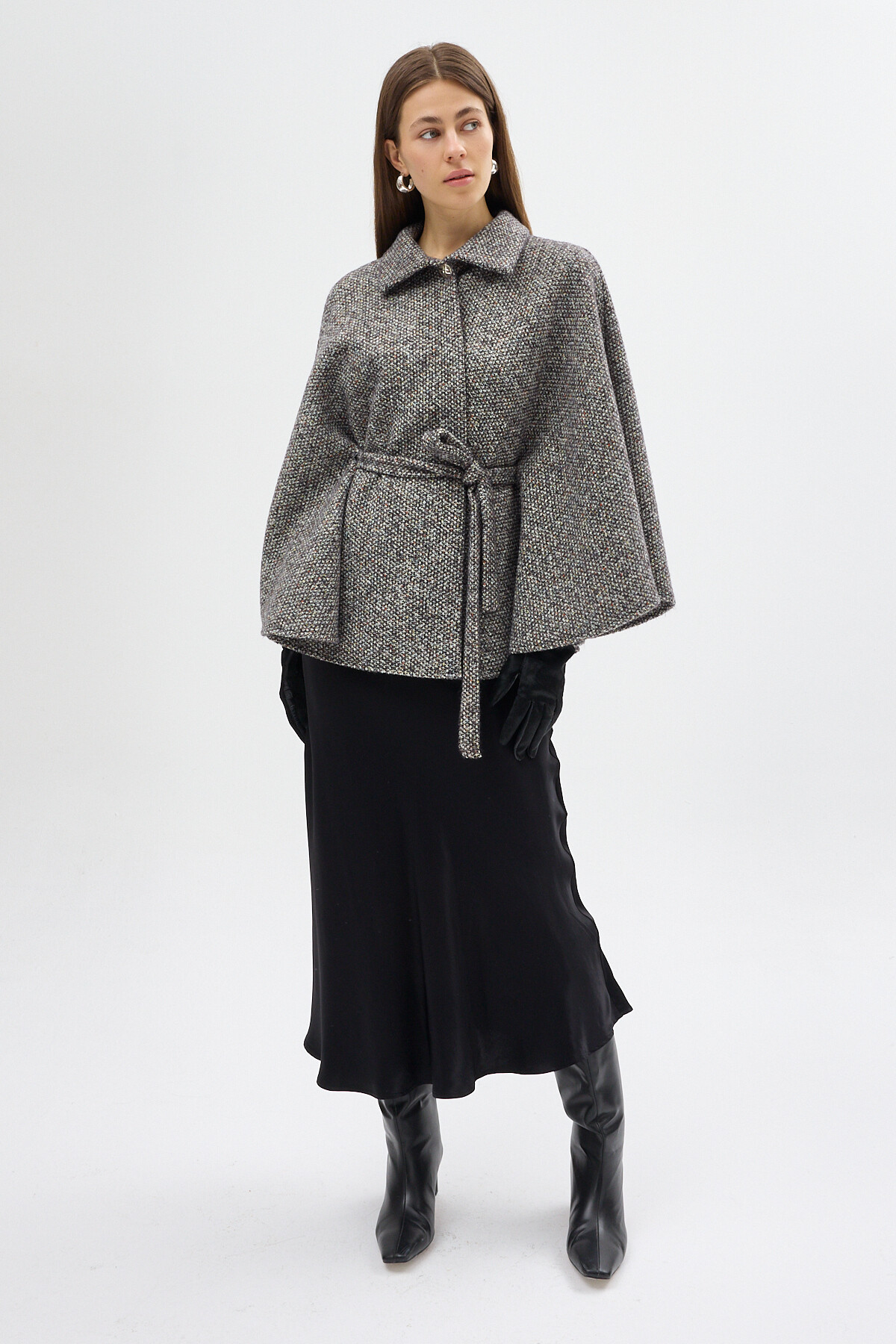 Siyah Gömlek Yaka Kuşaklı Panço Kadın Kaban 3099A - 7