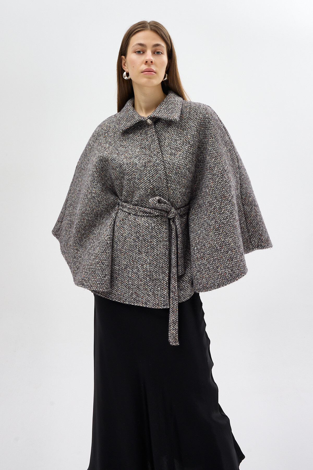 Siyah Gömlek Yaka Kuşaklı Panço Kadın Kaban 3099A - 8