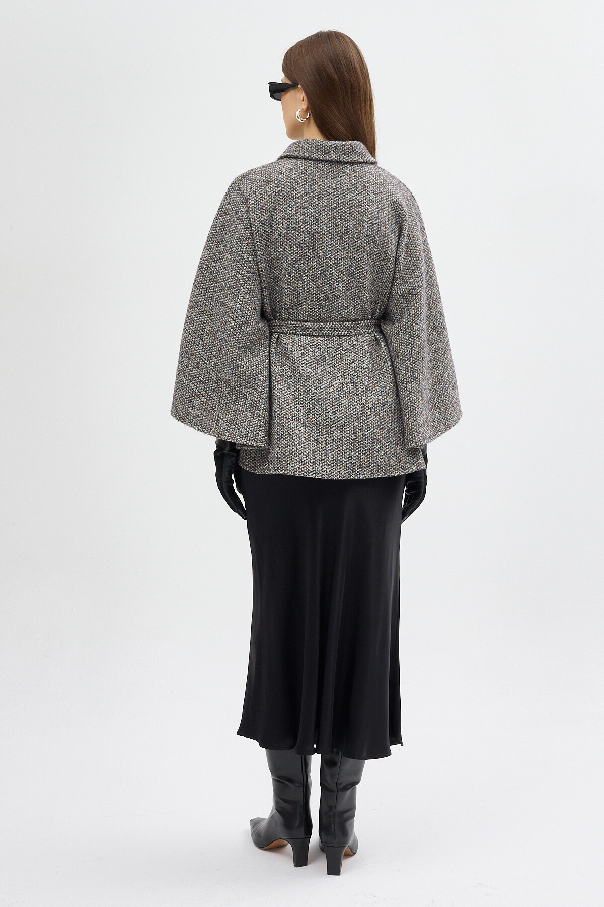 Siyah Gömlek Yaka Kuşaklı Panço Kadın Kaban 3099A - 5