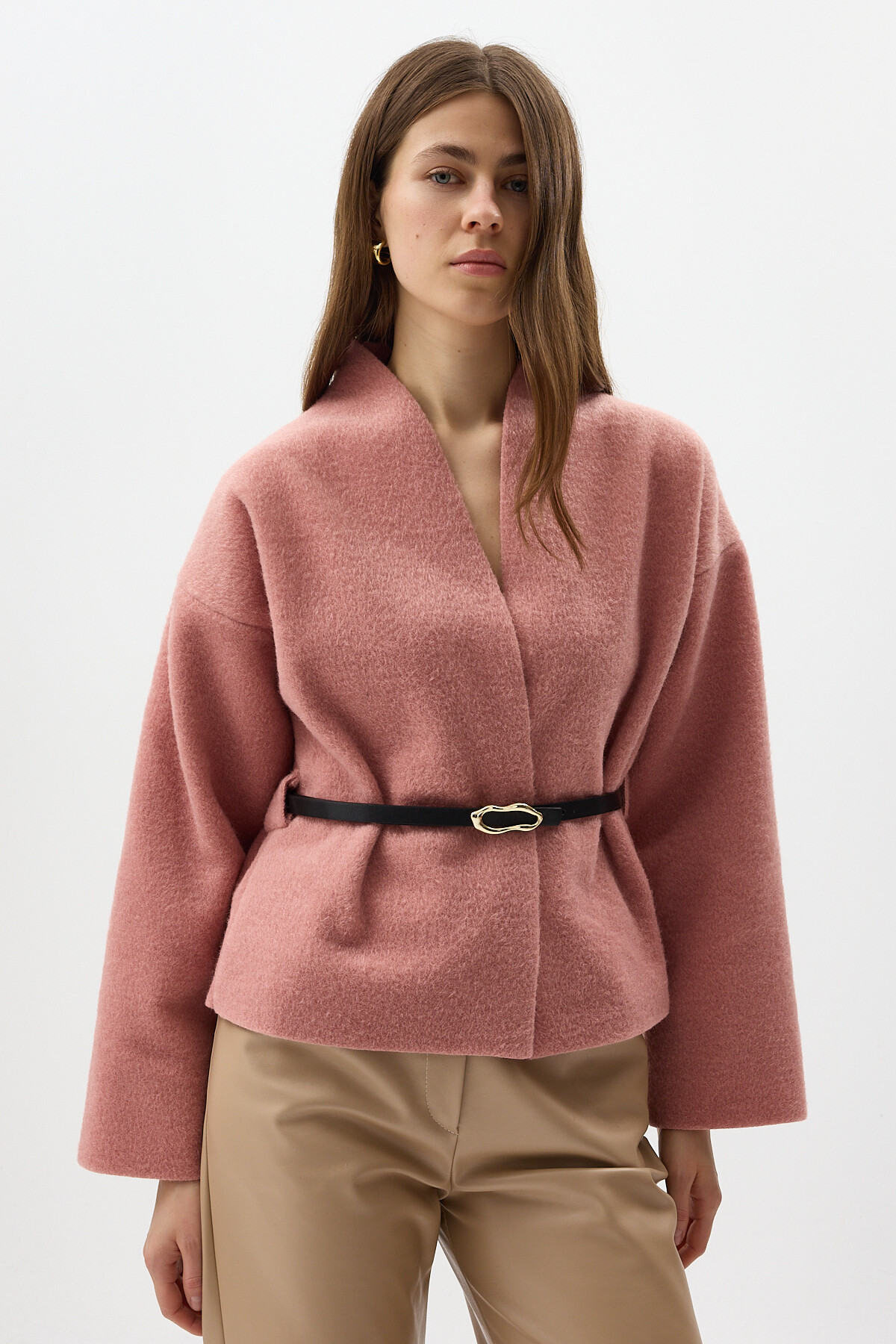 Gül Hâkim Yaka Kemer Detaylı Kısa Kaşe Kadın Ceket 3100A - 6