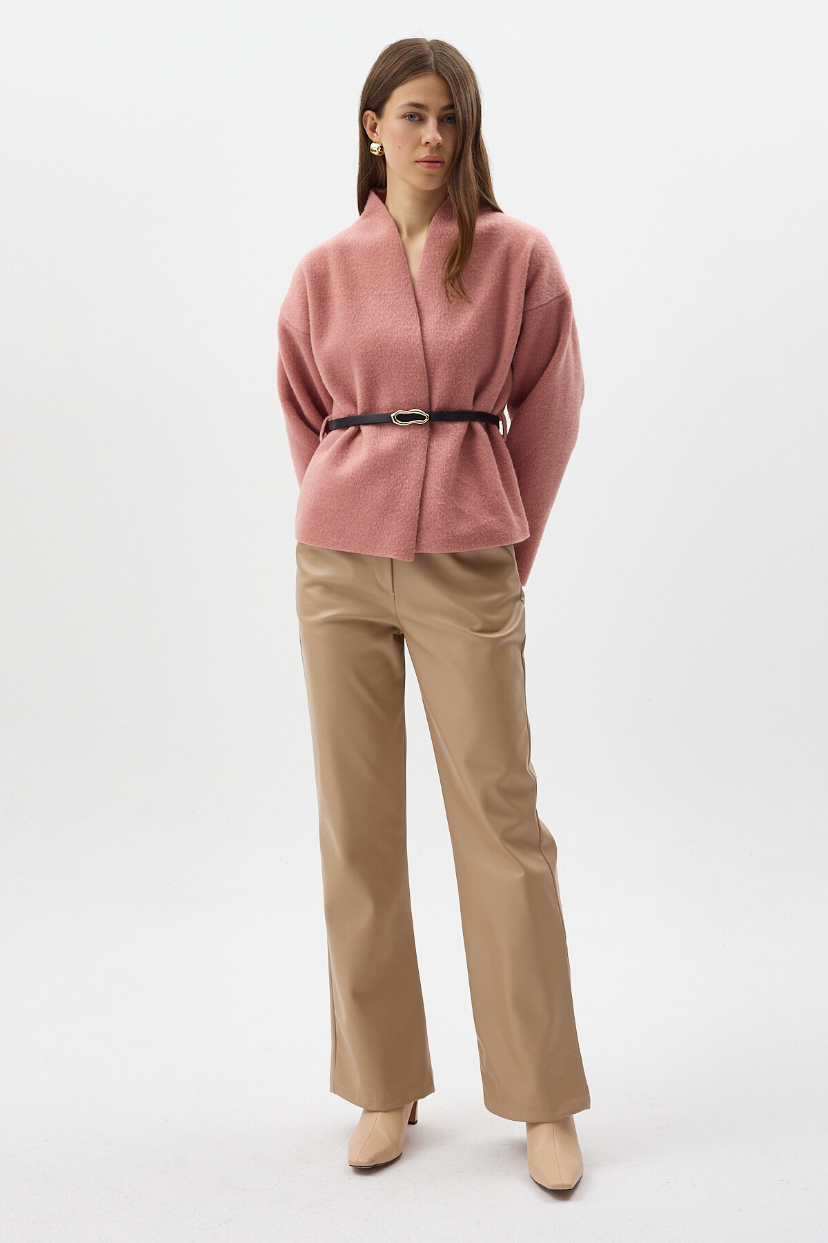 Gül Hâkim Yaka Kemer Detaylı Kısa Kaşe Kadın Ceket 3100A - 7